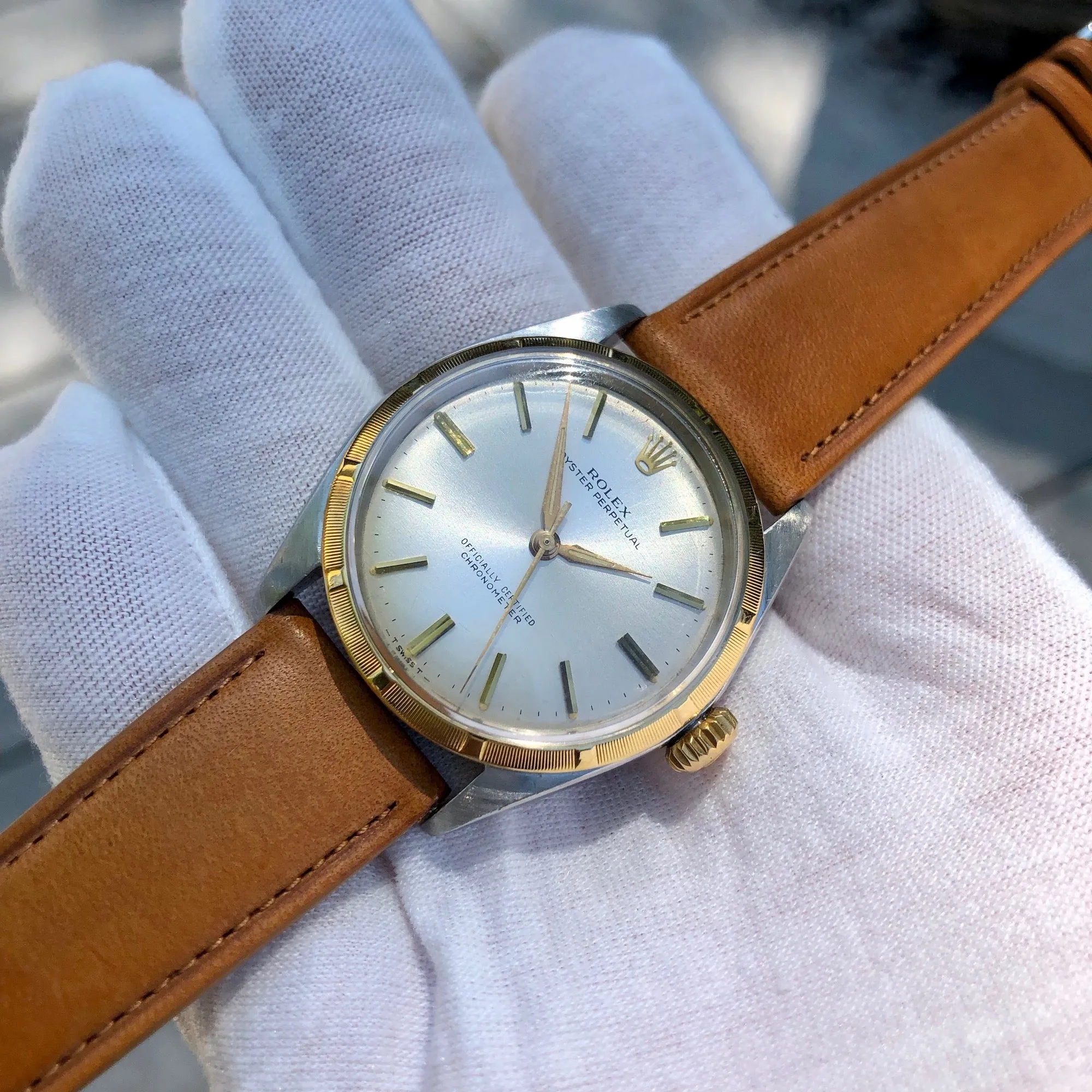 1958 Rolex Oyster Perpetual 6285 Two Tone Stainless Steel Gold Silver Automatic Wristwatch