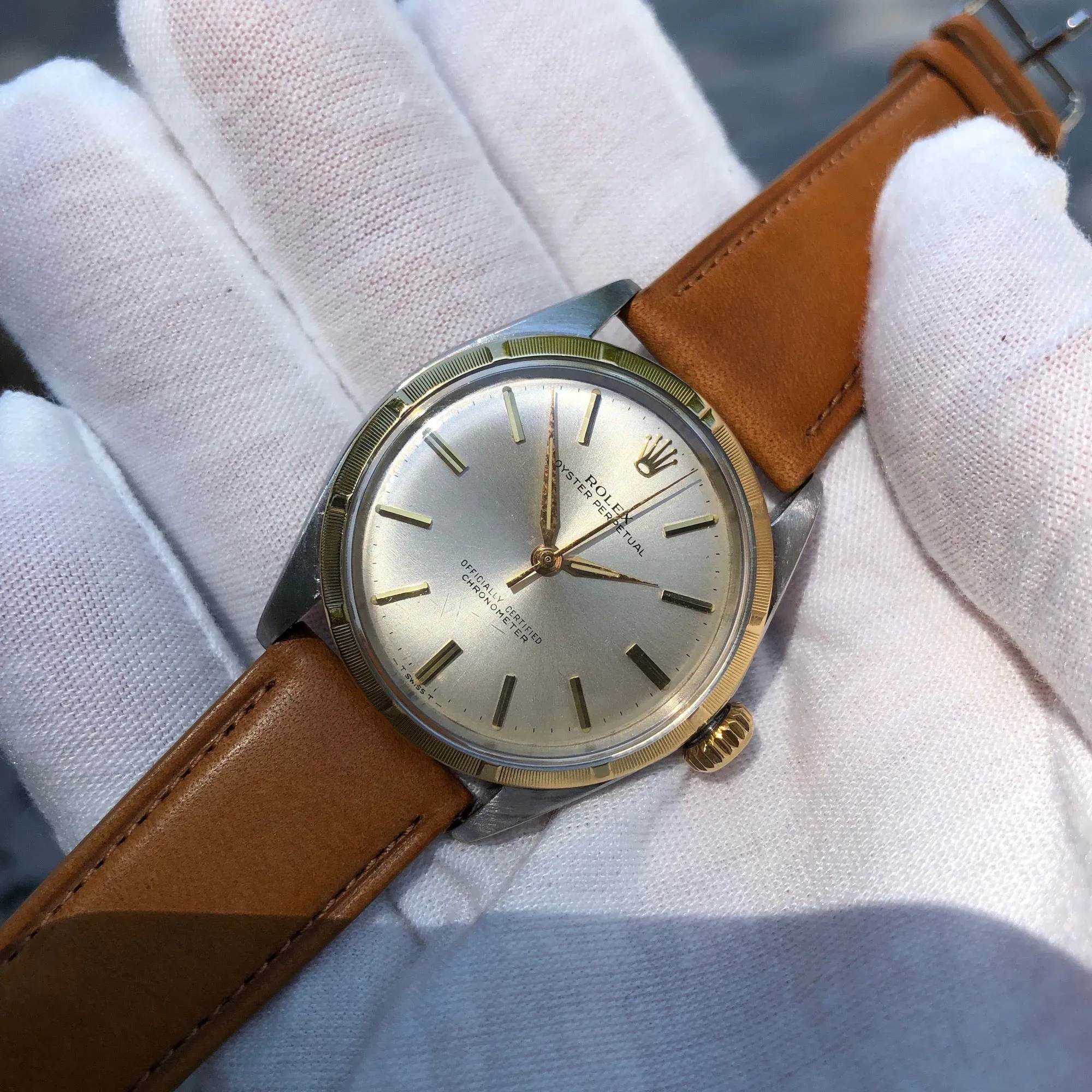 1958 Rolex Oyster Perpetual 6285 Two Tone Stainless Steel Gold Silver Automatic Wristwatch