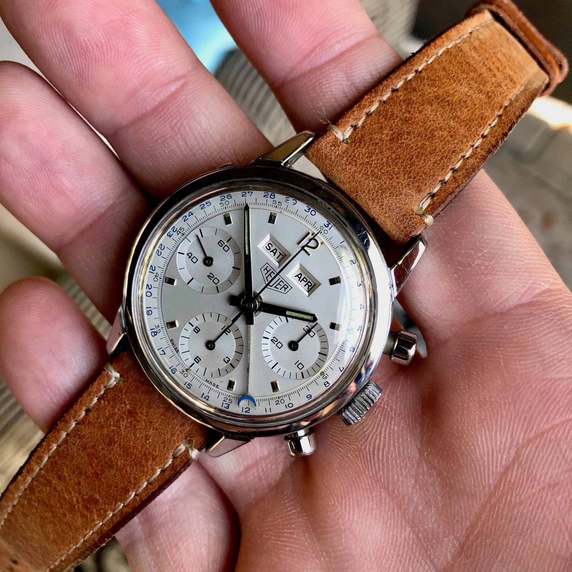 1960s Heuer Carrera 12 Dato 2547S Valjoux 72C Steel Triple Date Chronograph Wristwatch