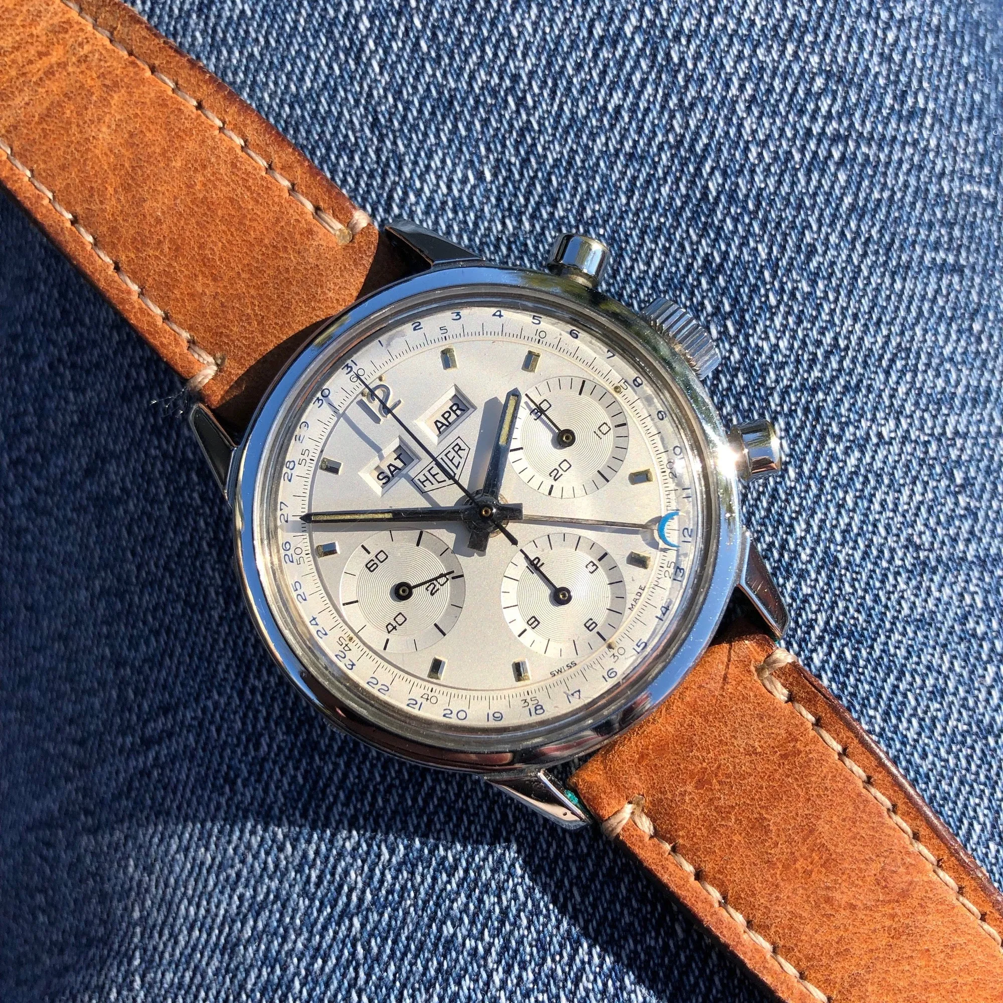 1960s Heuer Carrera 12 Dato 2547S Valjoux 72C Steel Triple Date Chronograph Wristwatch