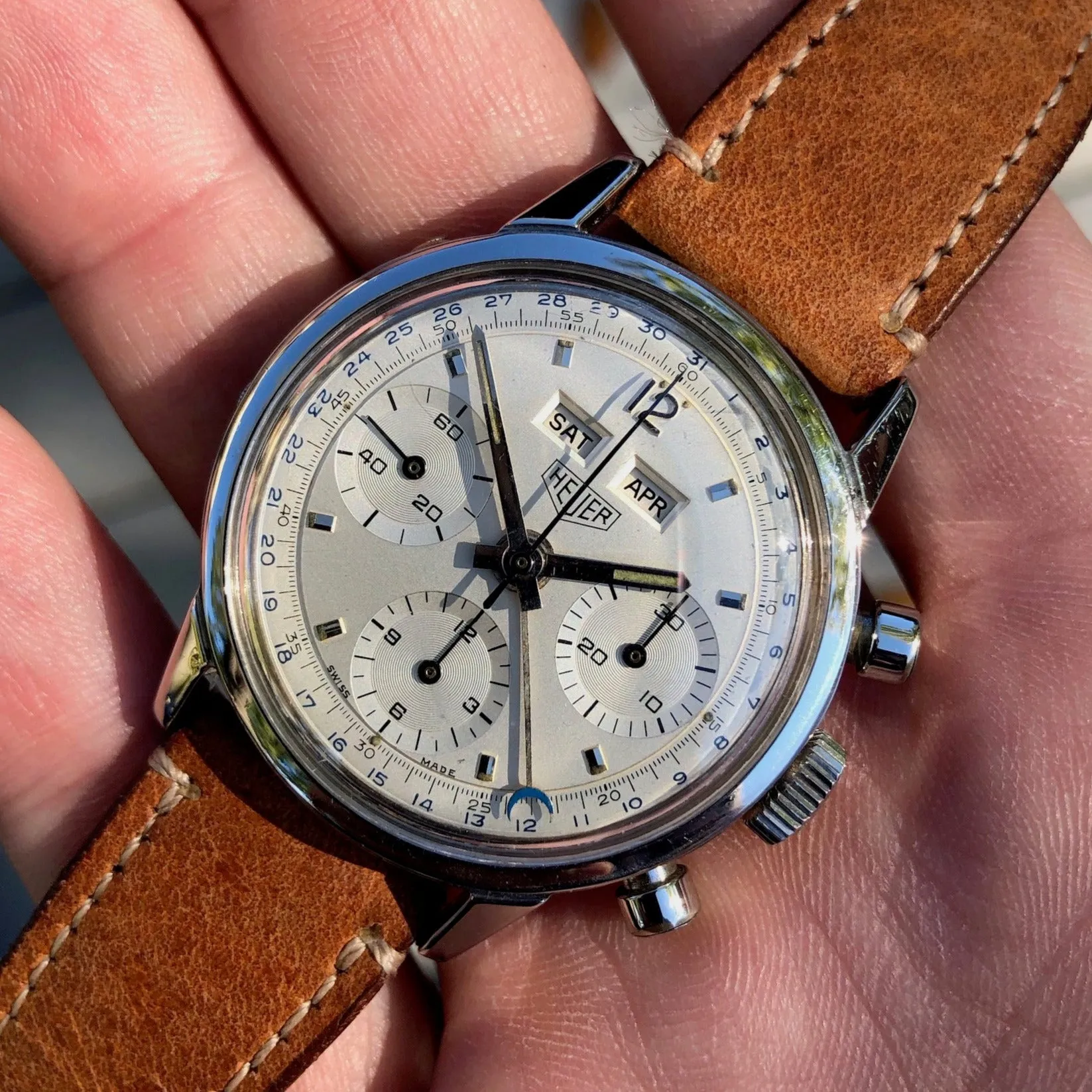 1960s Heuer Carrera 12 Dato 2547S Valjoux 72C Steel Triple Date Chronograph Wristwatch