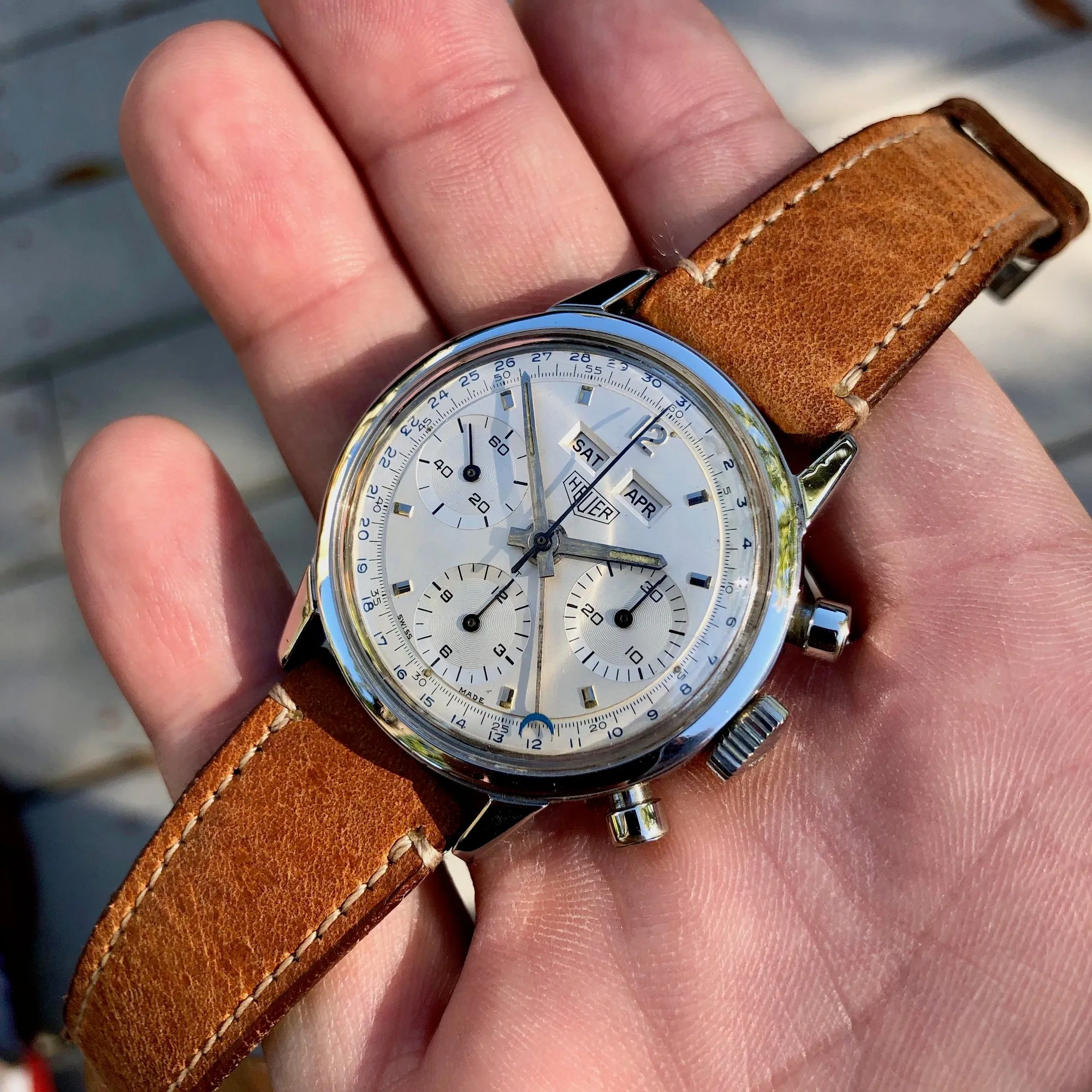 1960s Heuer Carrera 12 Dato 2547S Valjoux 72C Steel Triple Date Chronograph Wristwatch