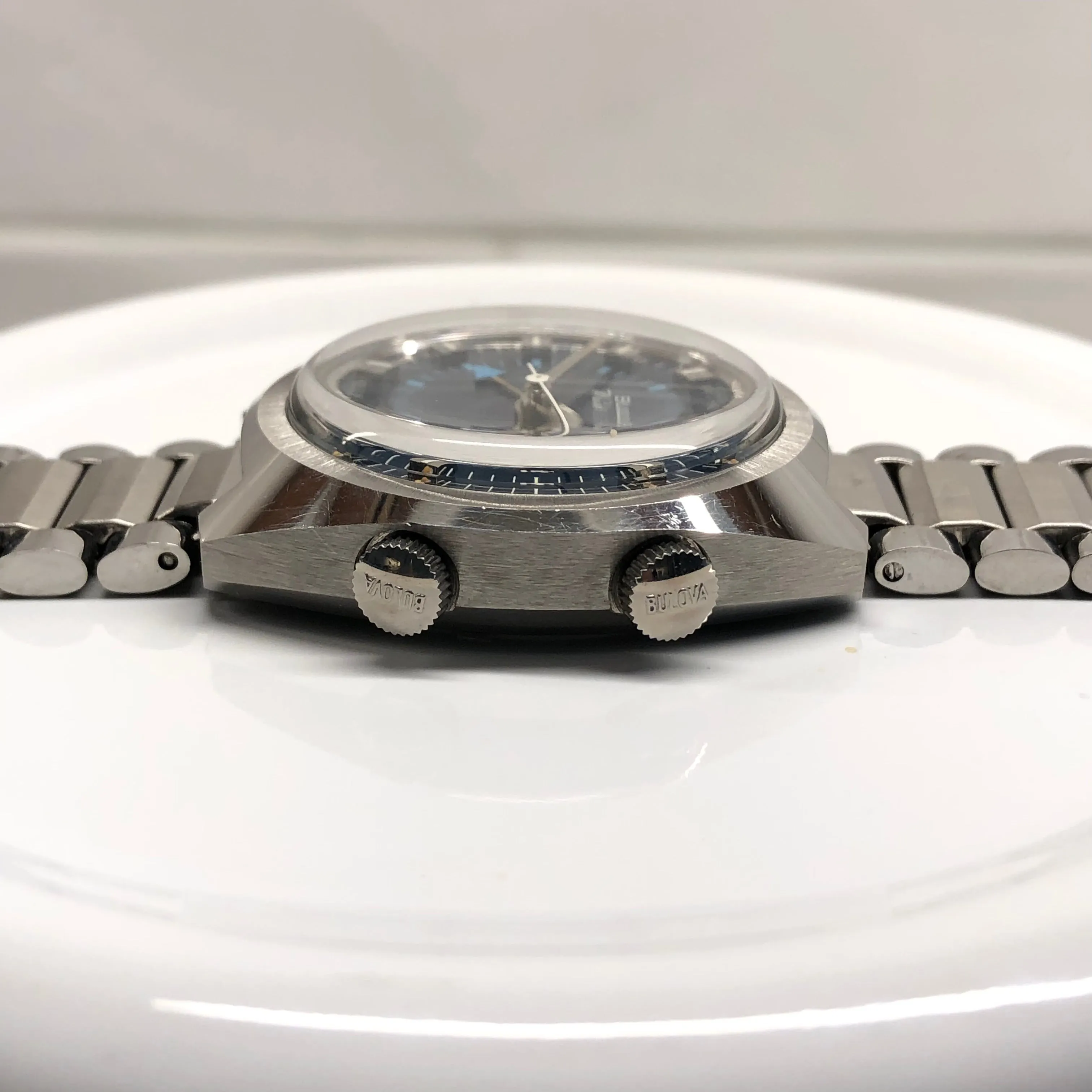 1970s Bulova Wrist Alarm Blue Dial Stainless Steel Vintage Wristwatch Old Stock