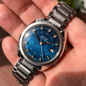 1970s Bulova Wrist Alarm Blue Dial Stainless Steel Vintage Wristwatch Old Stock