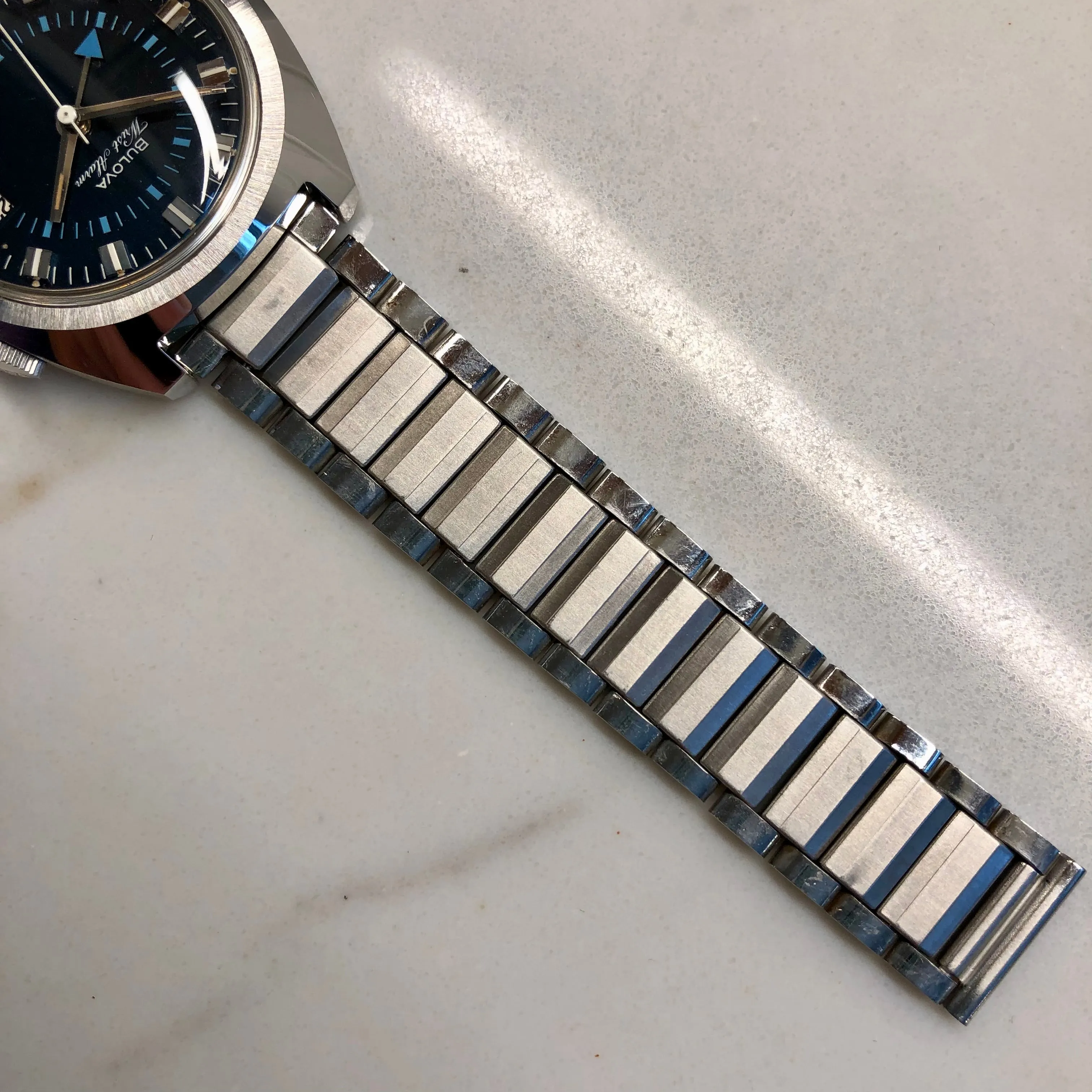 1970s Bulova Wrist Alarm Blue Dial Stainless Steel Vintage Wristwatch Old Stock
