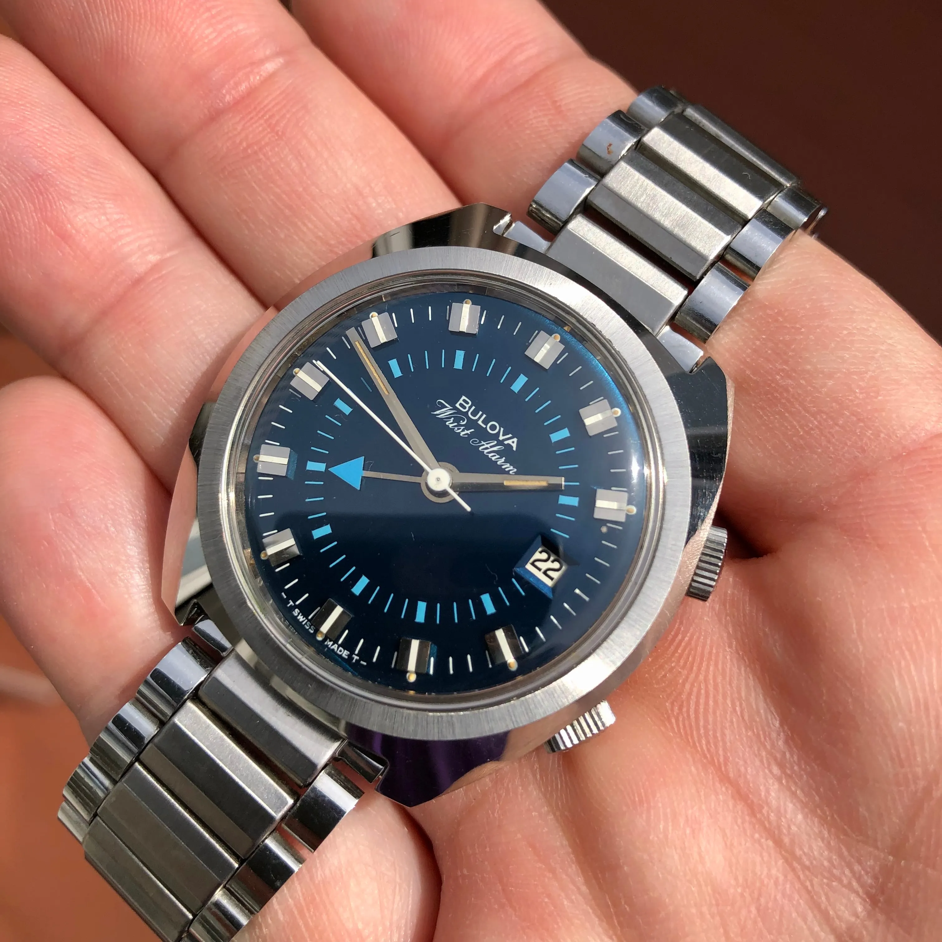 1970s Bulova Wrist Alarm Blue Dial Stainless Steel Vintage Wristwatch Old Stock