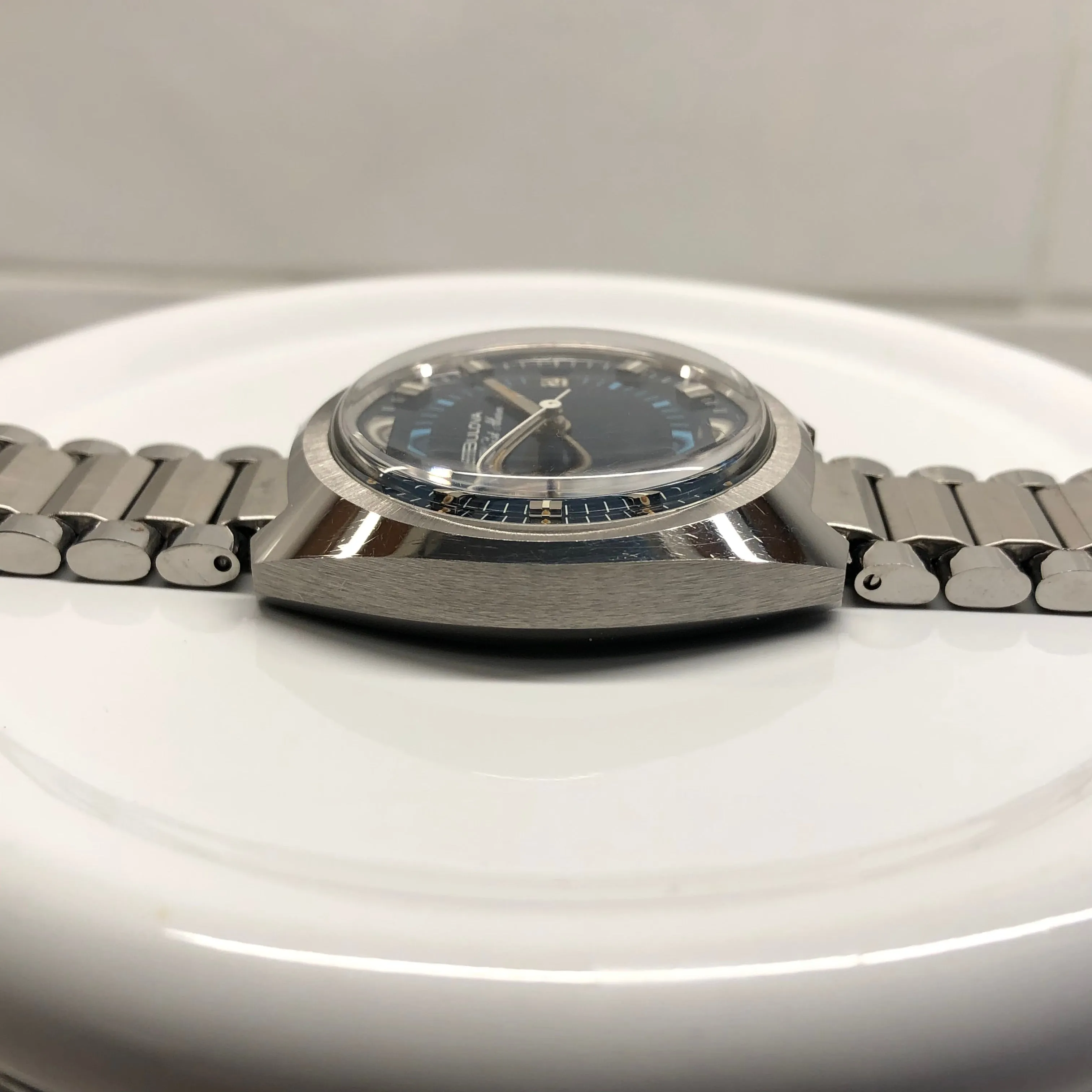 1970s Bulova Wrist Alarm Blue Dial Stainless Steel Vintage Wristwatch Old Stock