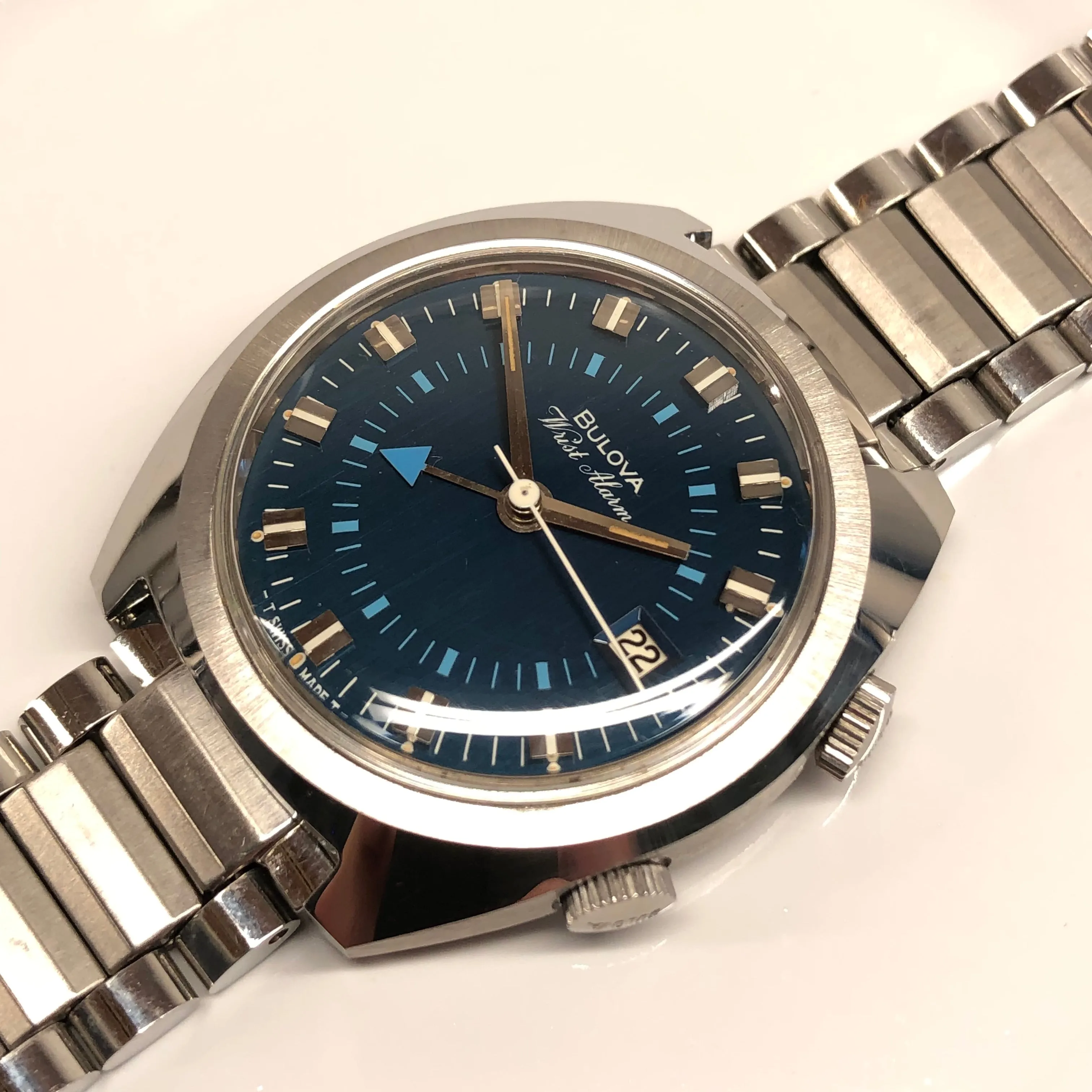 1970s Bulova Wrist Alarm Blue Dial Stainless Steel Vintage Wristwatch Old Stock