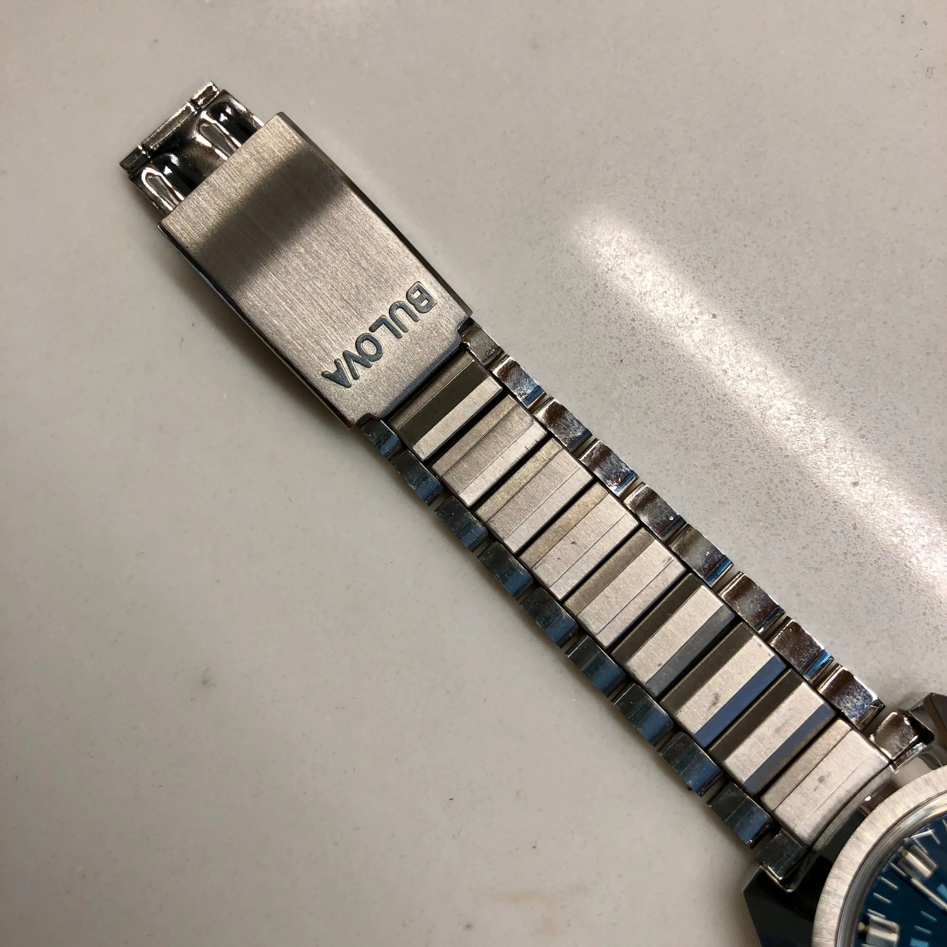1970s Bulova Wrist Alarm Blue Dial Stainless Steel Vintage Wristwatch Old Stock