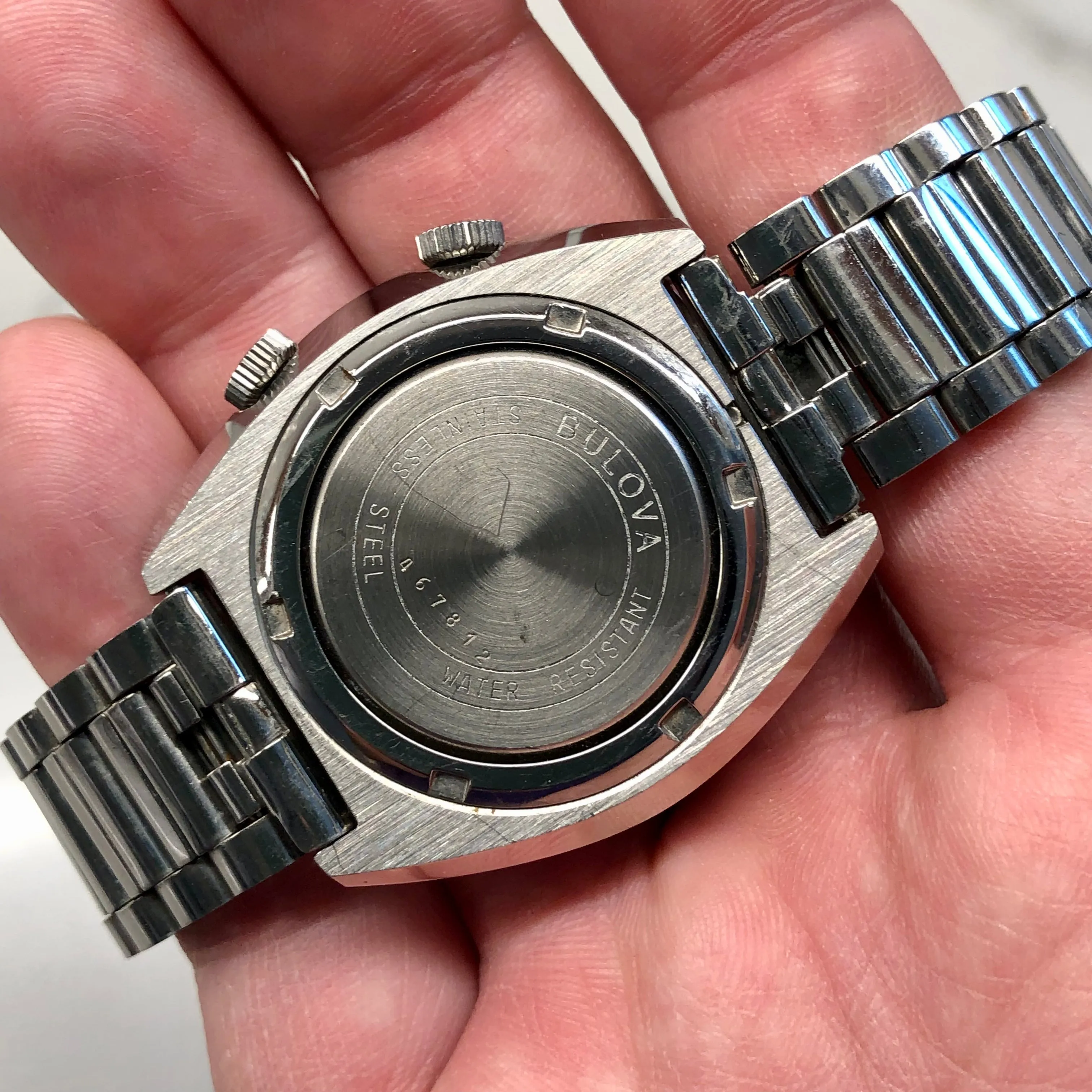 1970s Bulova Wrist Alarm Blue Dial Stainless Steel Vintage Wristwatch Old Stock