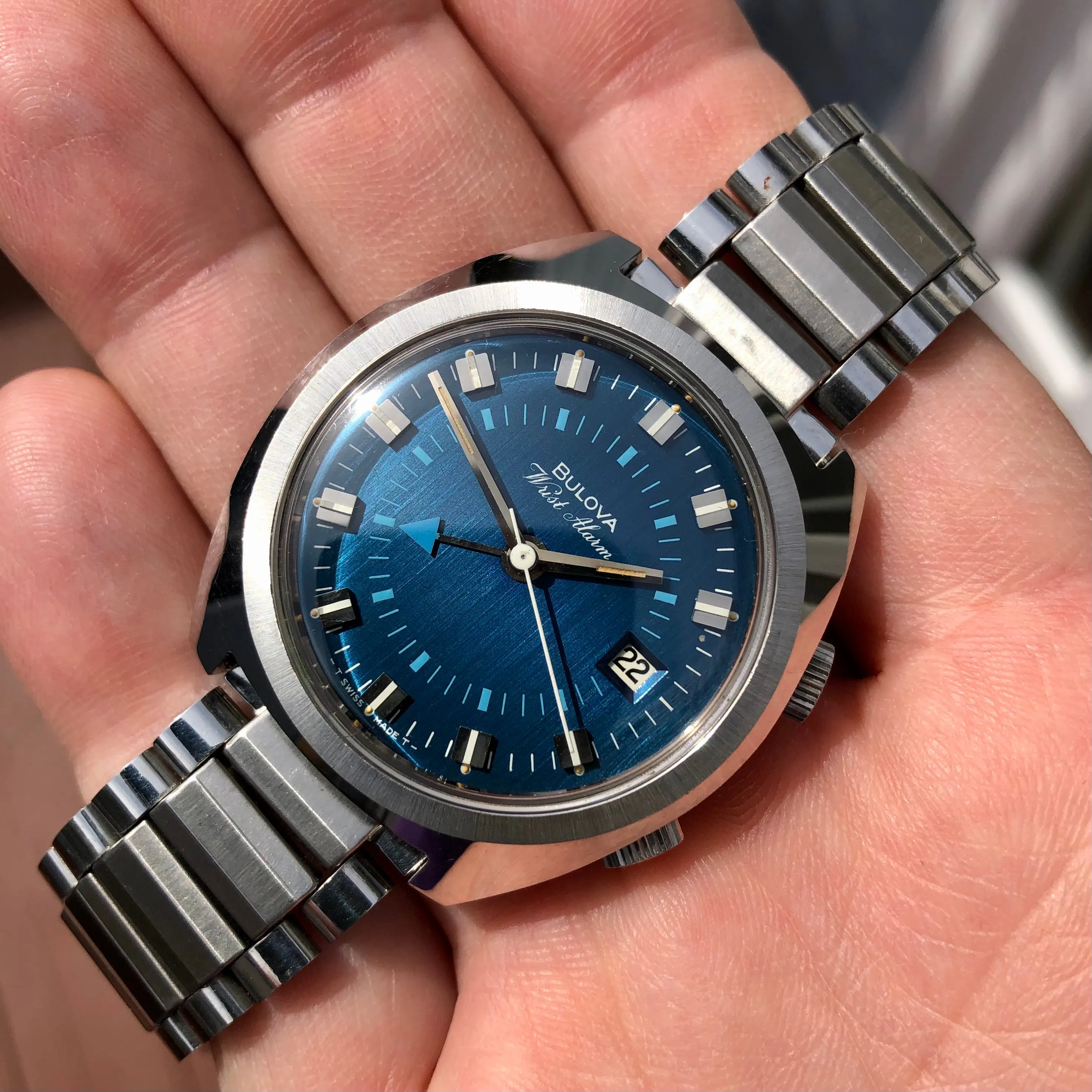 1970s Bulova Wrist Alarm Blue Dial Stainless Steel Vintage Wristwatch Old Stock