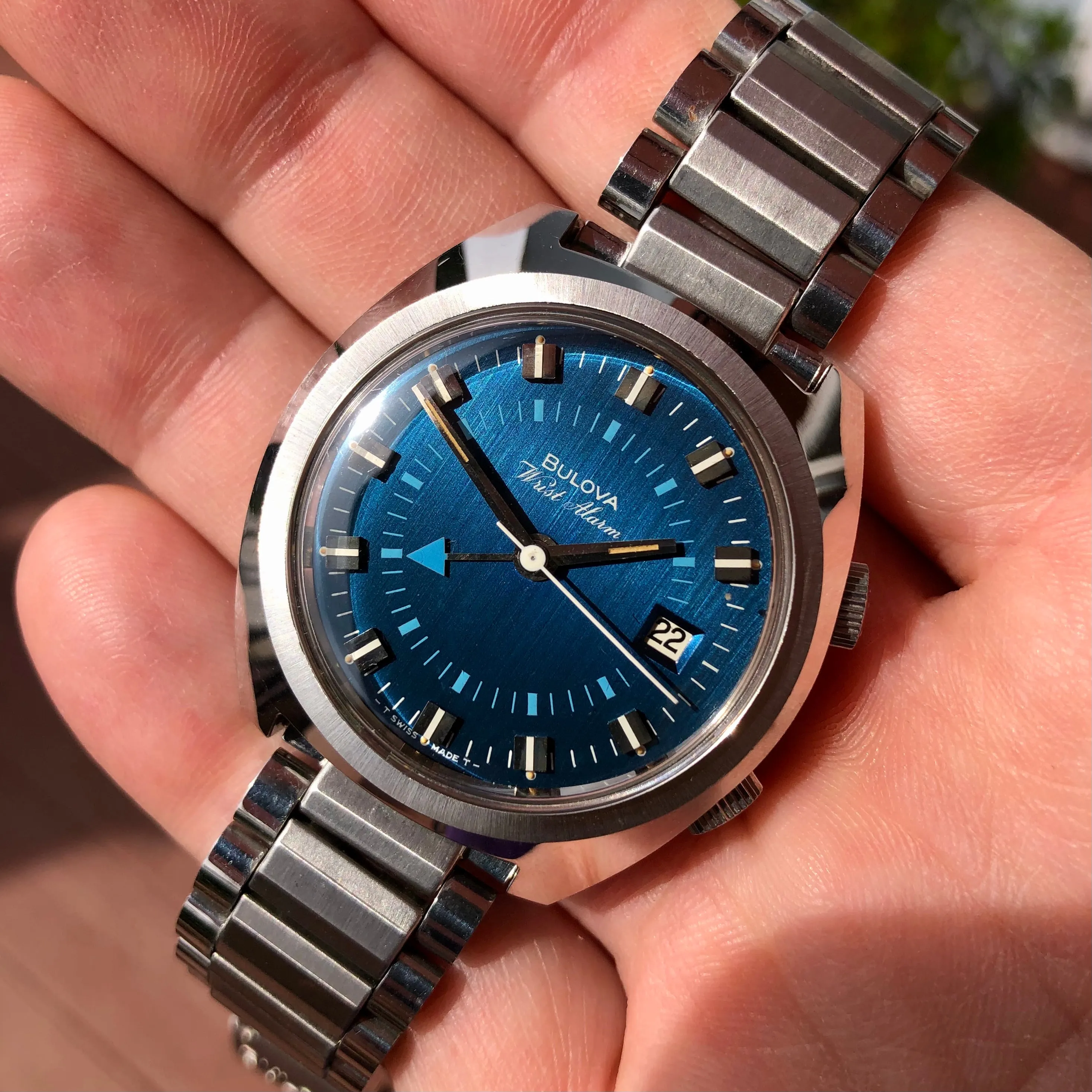 1970s Bulova Wrist Alarm Blue Dial Stainless Steel Vintage Wristwatch Old Stock