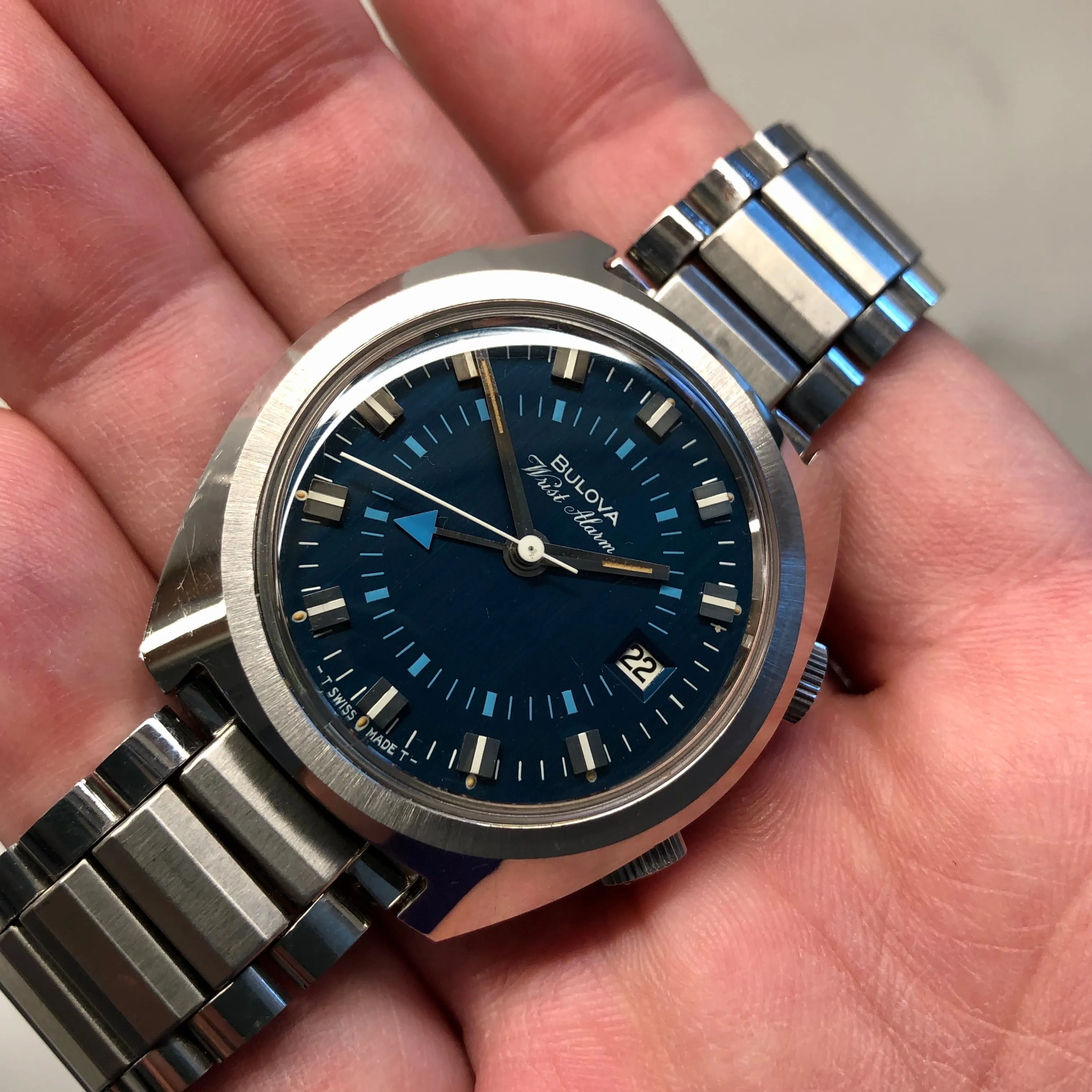 1970s Bulova Wrist Alarm Blue Dial Stainless Steel Vintage Wristwatch Old Stock