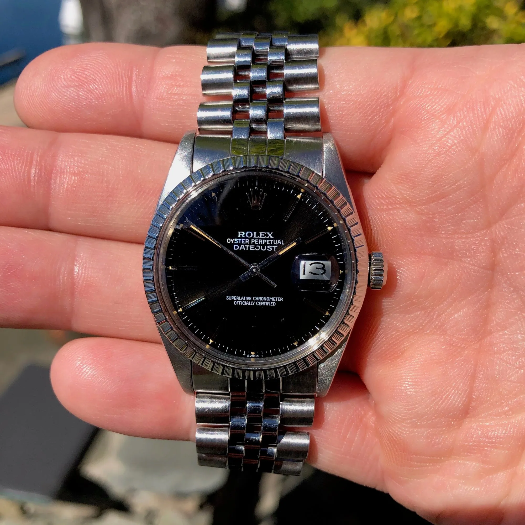 1985 Rolex Datejust 16030 Black Stick Engine Turned Wristwatch Box Papers
