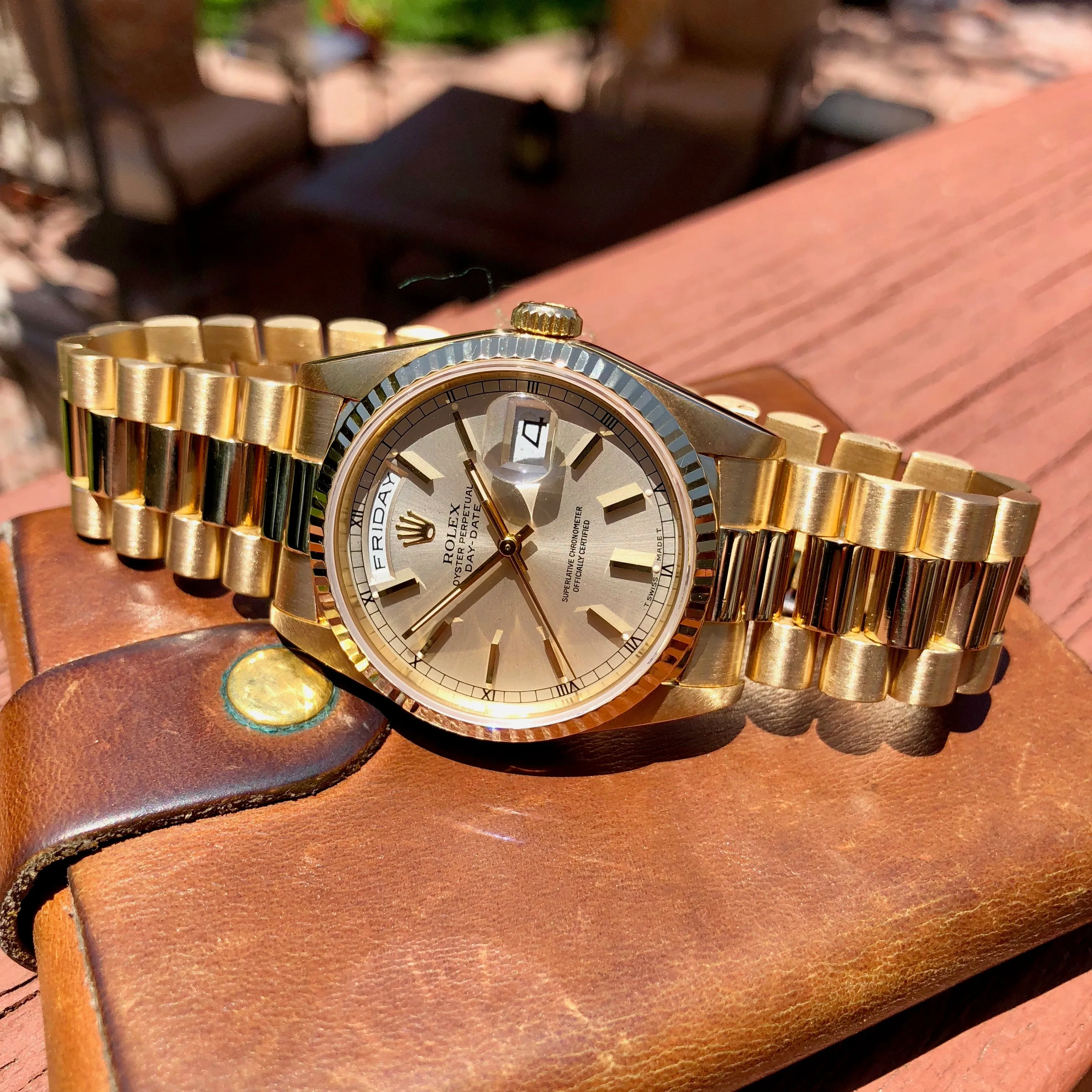 1990 Rolex President 18238 Day Date 18K Yellow Gold Silver Stick "E" Serial Box Papers MINT