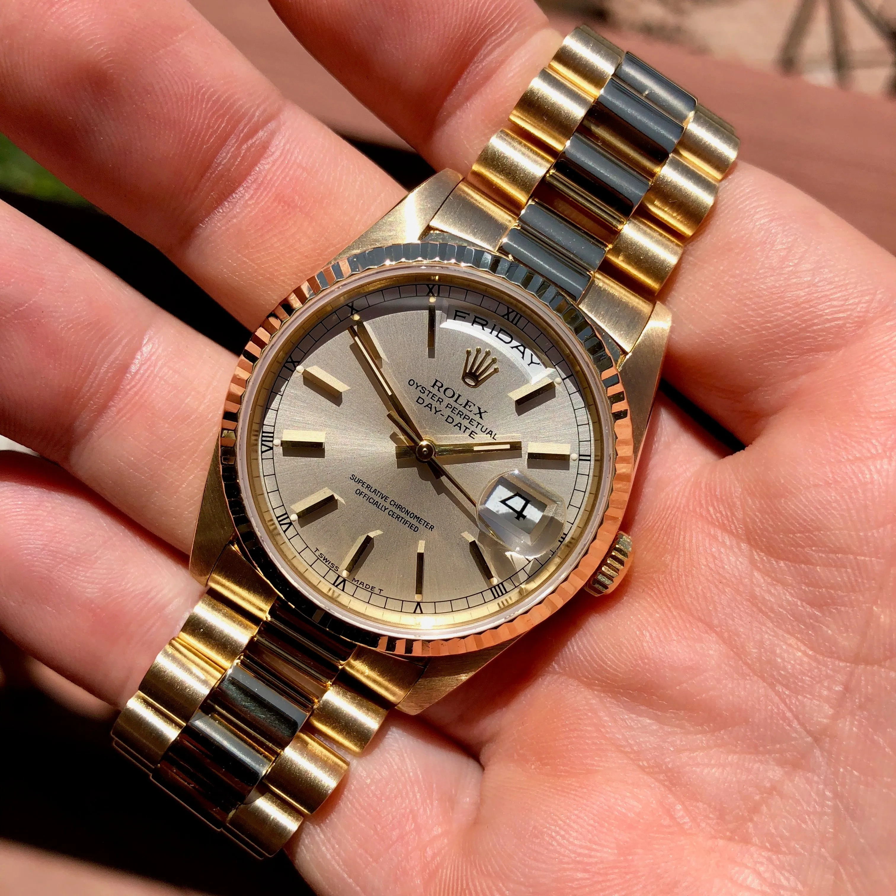 1990 Rolex President 18238 Day Date 18K Yellow Gold Silver Stick "E" Serial Box Papers MINT