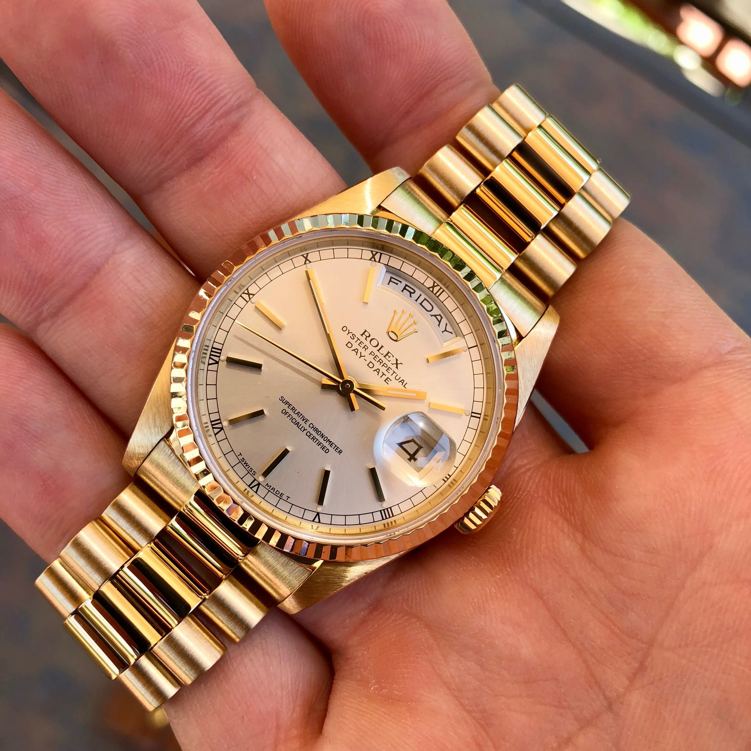 1990 Rolex President 18238 Day Date 18K Yellow Gold Silver Stick "E" Serial Box Papers MINT