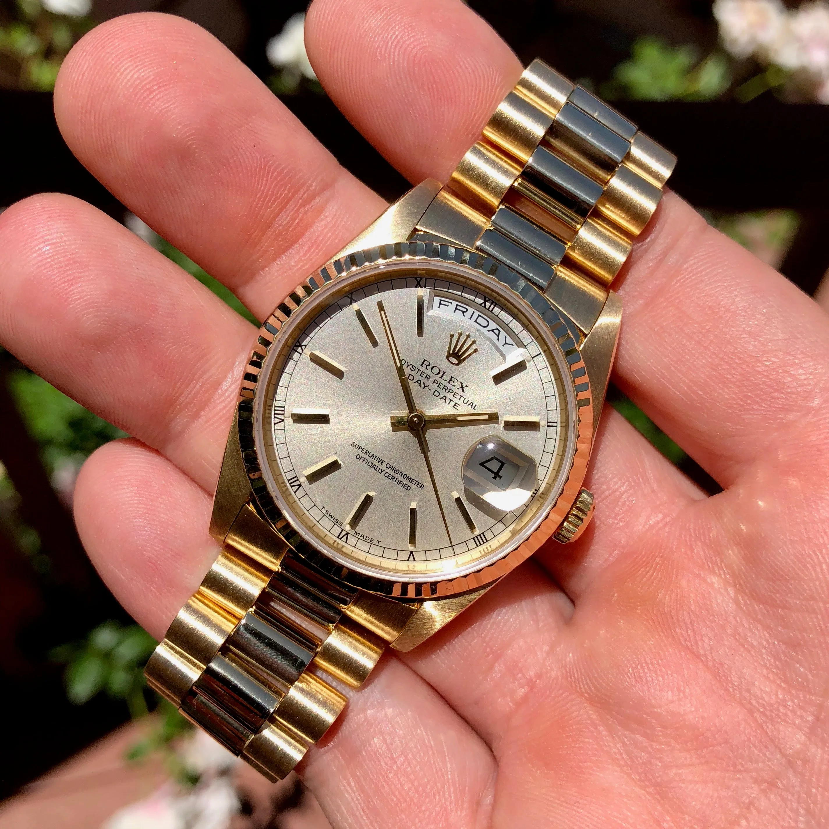 1990 Rolex President 18238 Day Date 18K Yellow Gold Silver Stick "E" Serial Box Papers MINT