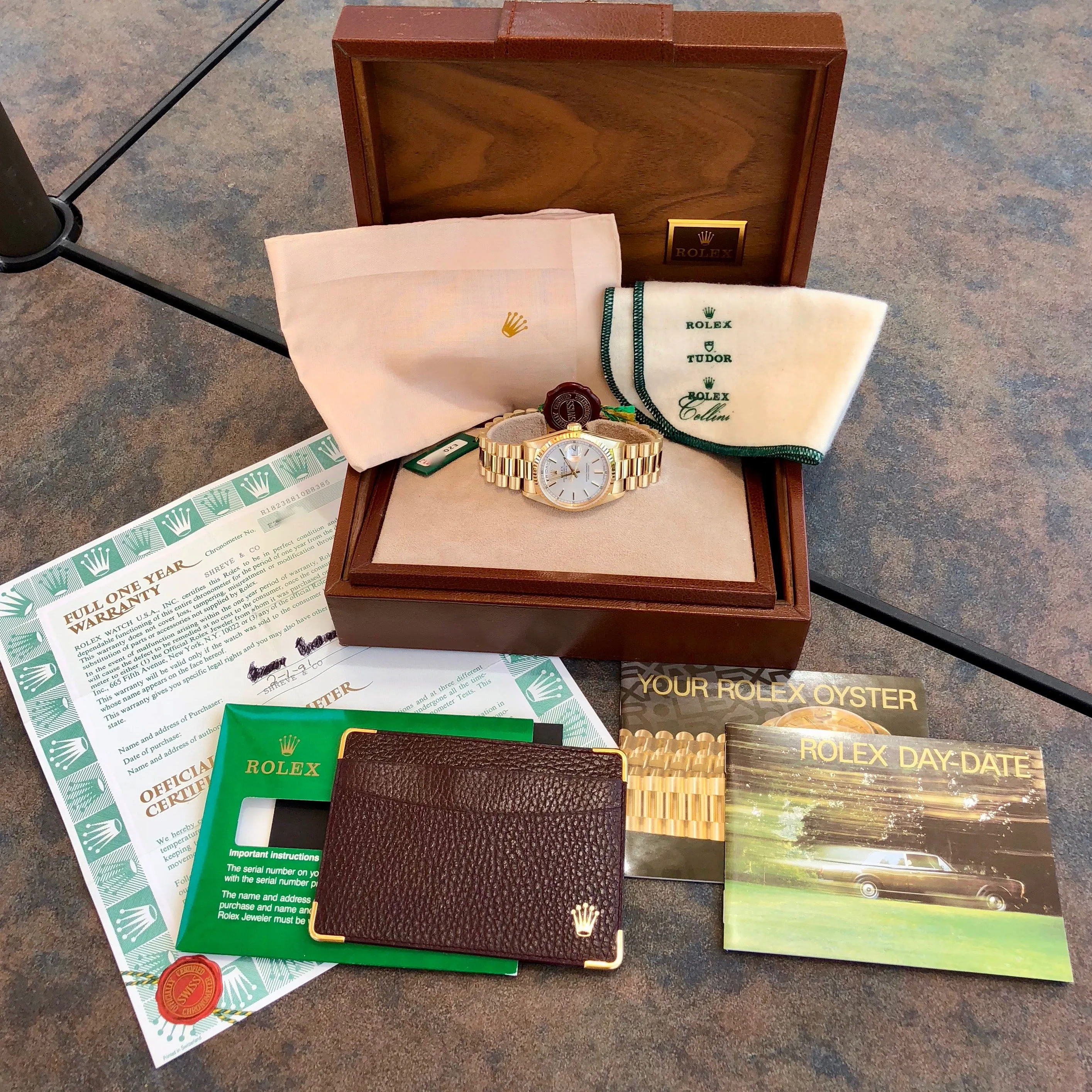 1990 Rolex President 18238 Day Date 18K Yellow Gold Silver Stick "E" Serial Box Papers MINT