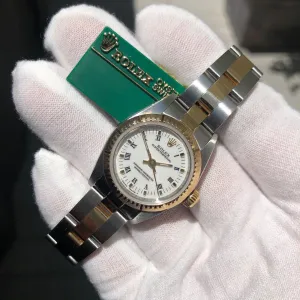1999 Rolex Oyster Perpetual 76243 Ladies White Roman Two Tone Steel Gold Wristwatch Box Papers