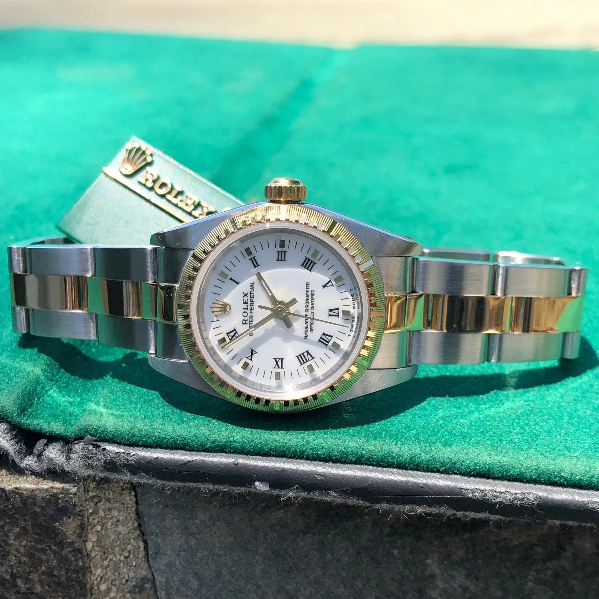 1999 Rolex Oyster Perpetual 76243 Ladies White Roman Two Tone Steel Gold Wristwatch Box Papers