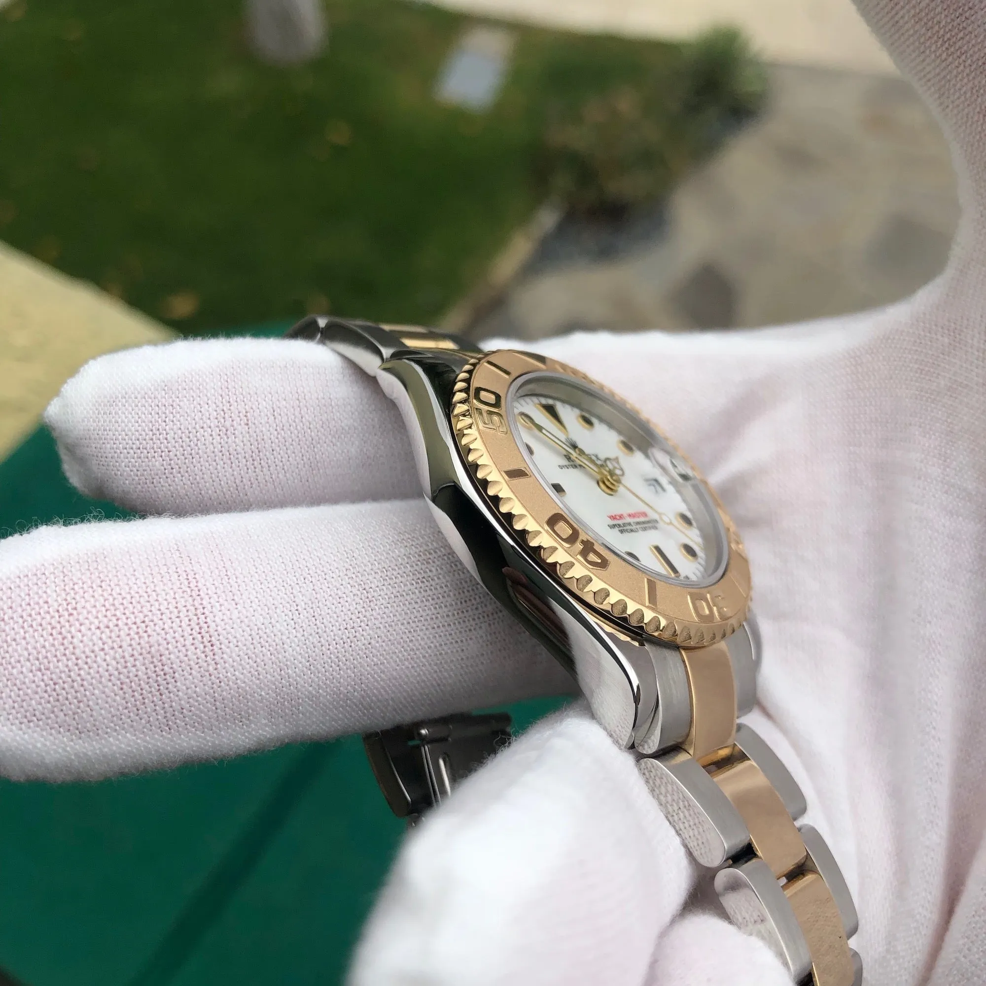 1999 Rolex Yachtmaster 168623 Two Tone Steel Gold 35mm White Oyster Wristwatch Box Papers