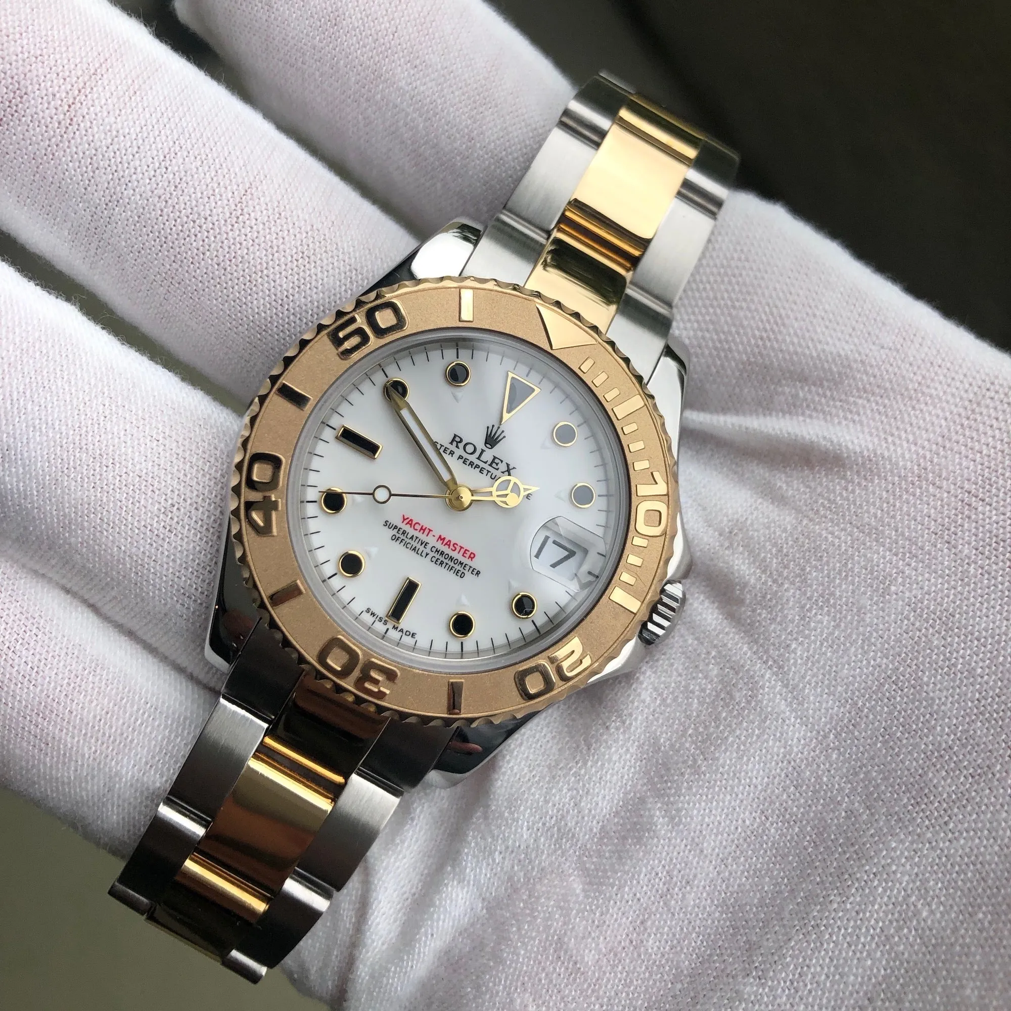 1999 Rolex Yachtmaster 168623 Two Tone Steel Gold 35mm White Oyster Wristwatch Box Papers