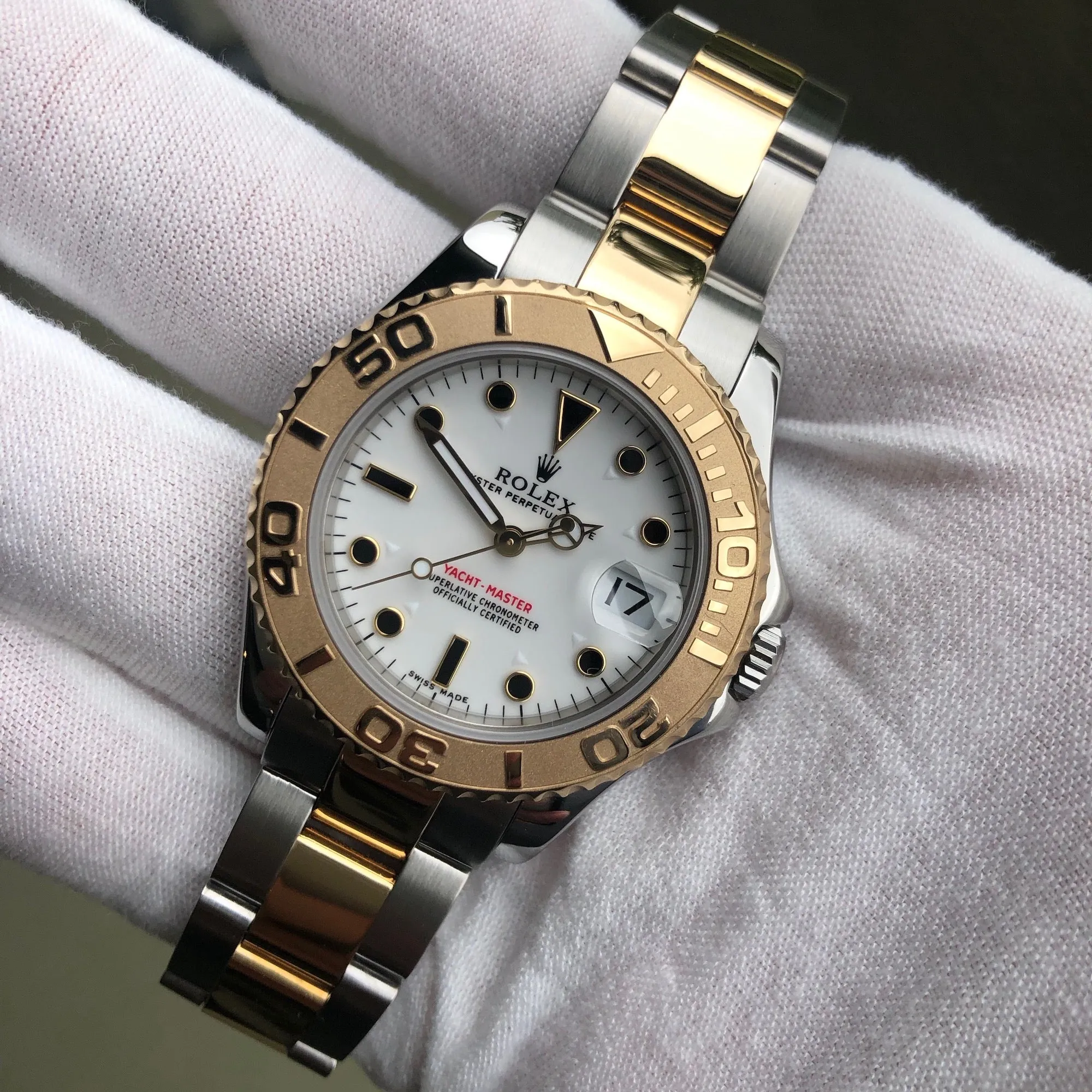 1999 Rolex Yachtmaster 168623 Two Tone Steel Gold 35mm White Oyster Wristwatch Box Papers