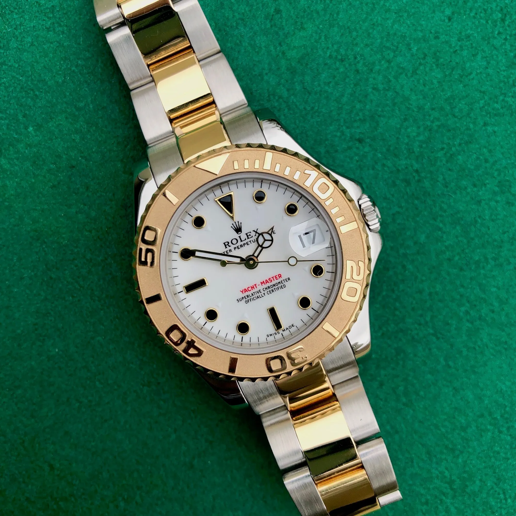 1999 Rolex Yachtmaster 168623 Two Tone Steel Gold 35mm White Oyster Wristwatch Box Papers