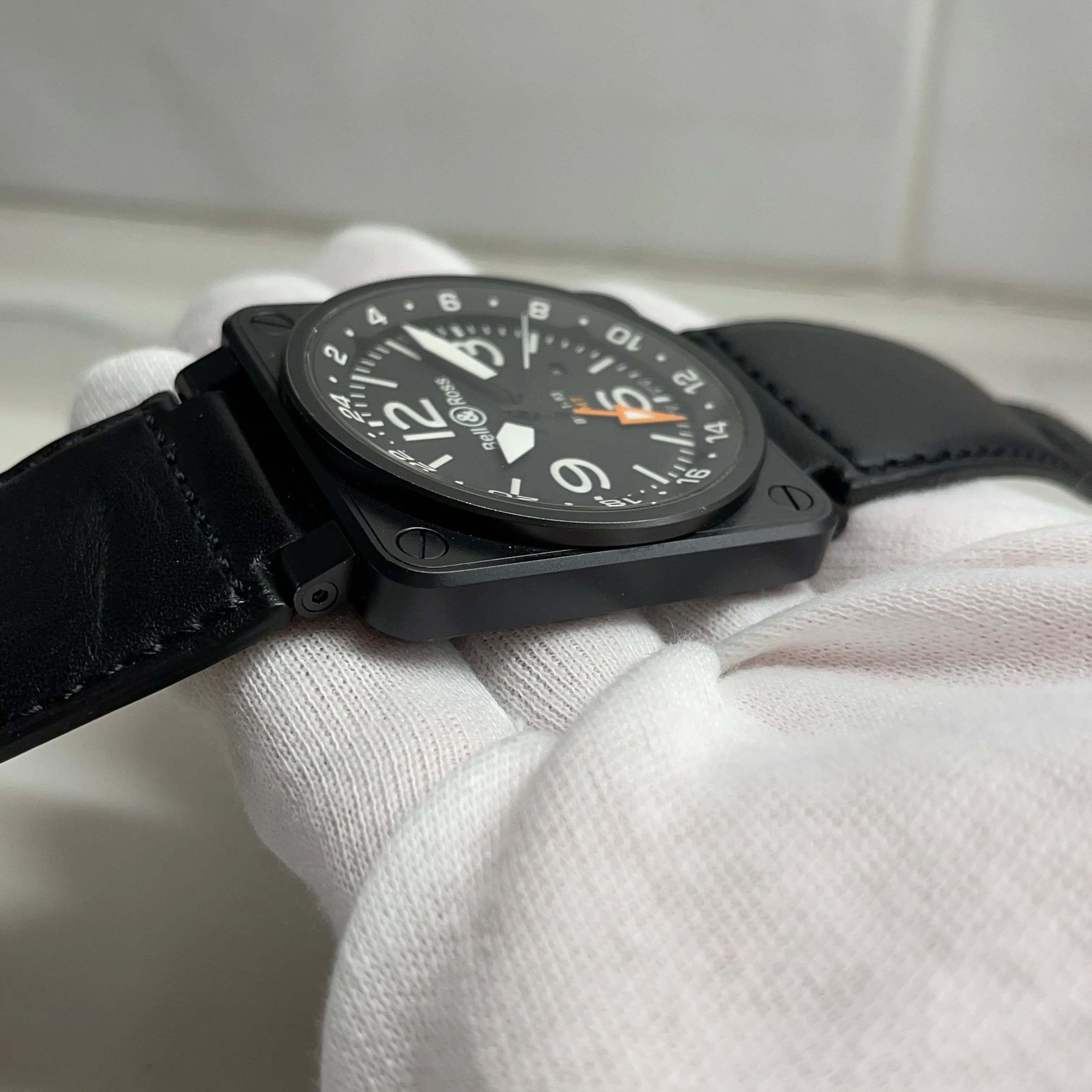 Bell & Ross BR01-93 GMT Black Automatic Date Mens Leather Wristwatch