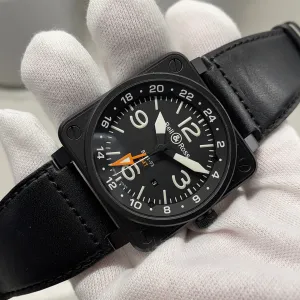 Bell & Ross BR01-93 GMT Black Automatic Date Mens Leather Wristwatch