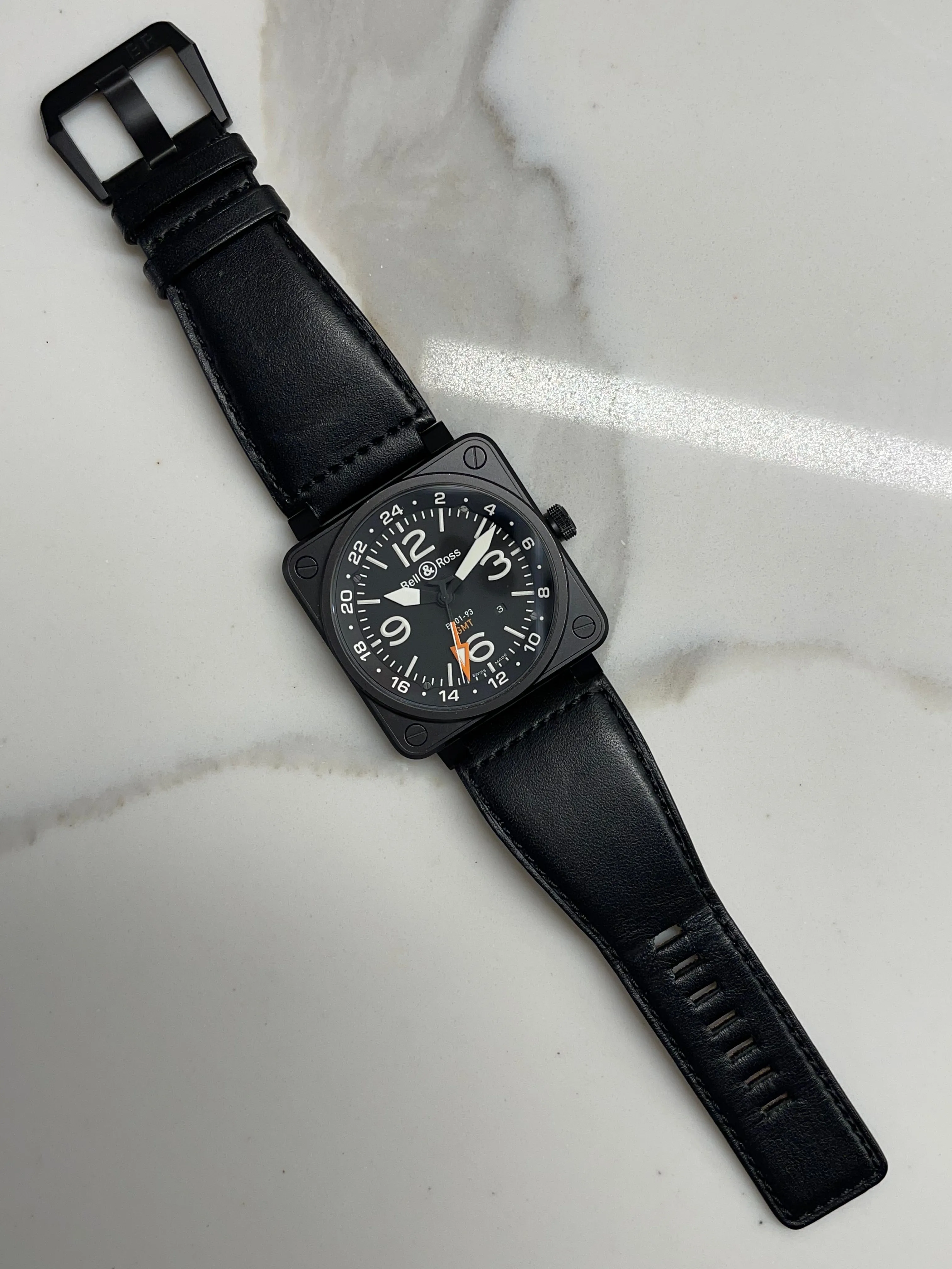Bell & Ross BR01-93 GMT Black Automatic Date Mens Leather Wristwatch