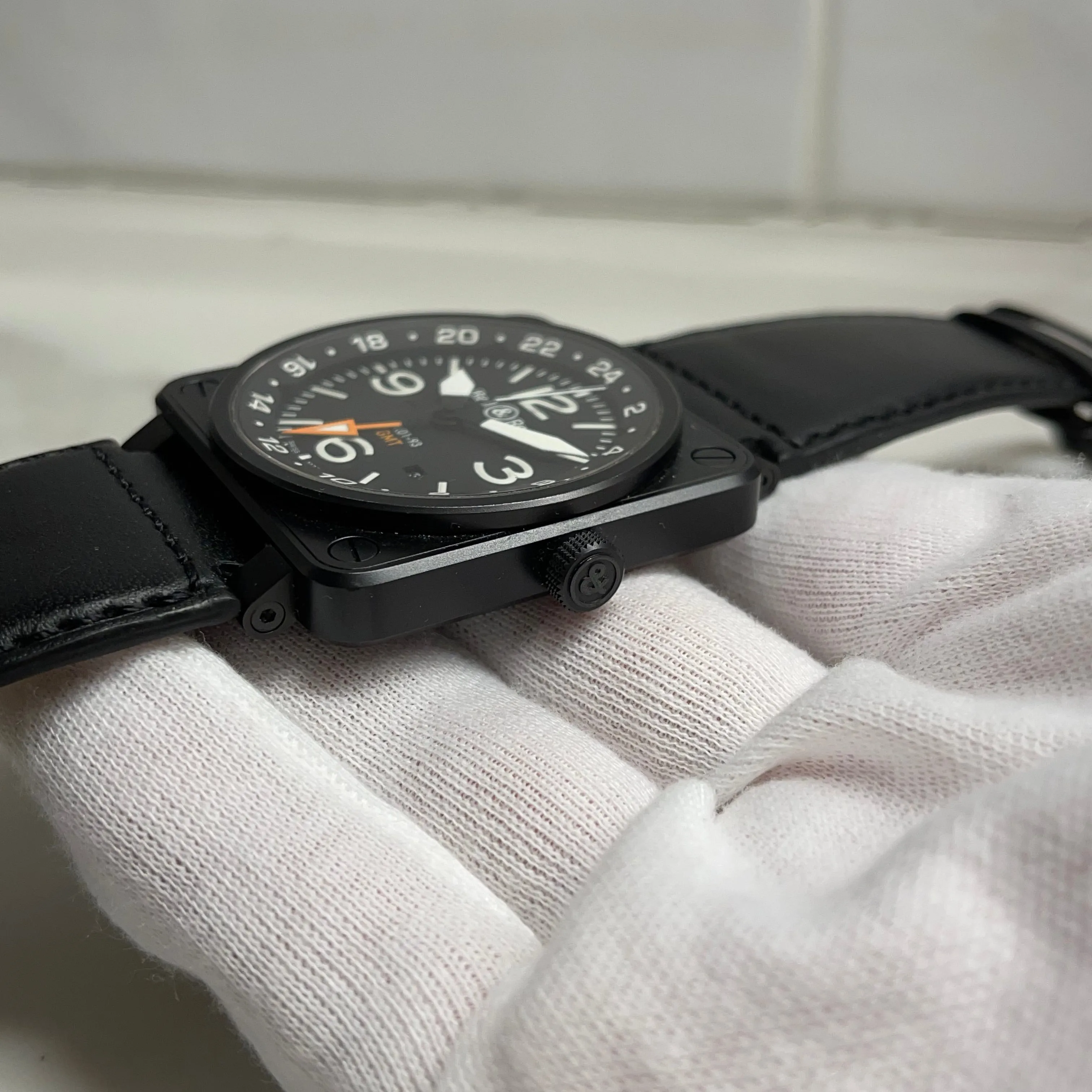 Bell & Ross BR01-93 GMT Black Automatic Date Mens Leather Wristwatch