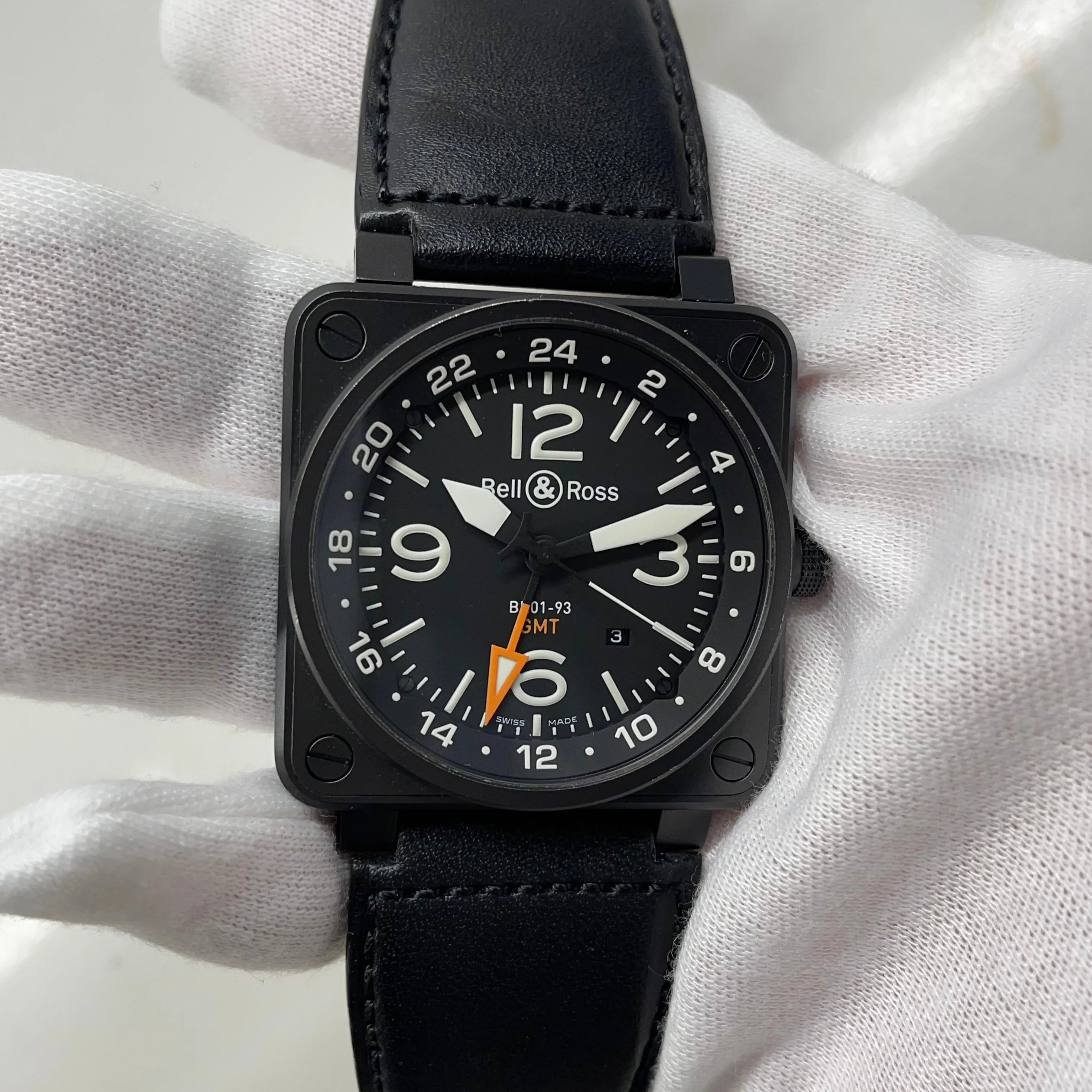 Bell & Ross BR01-93 GMT Black Automatic Date Mens Leather Wristwatch