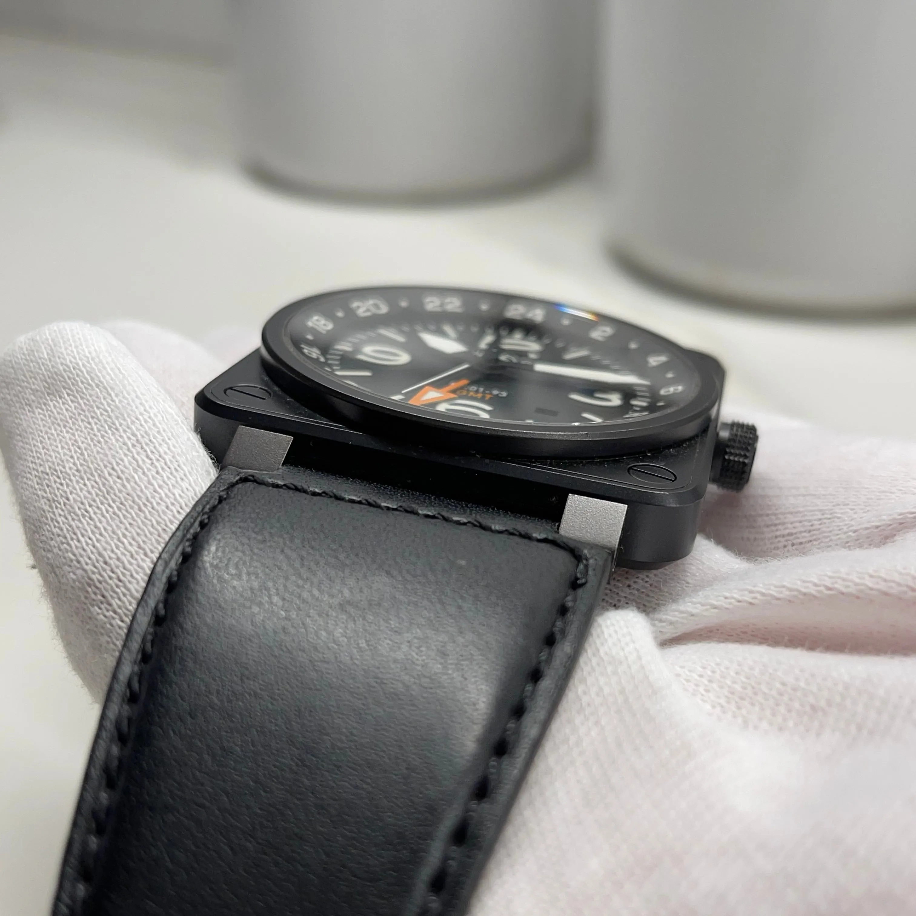 Bell & Ross BR01-93 GMT Black Automatic Date Mens Leather Wristwatch