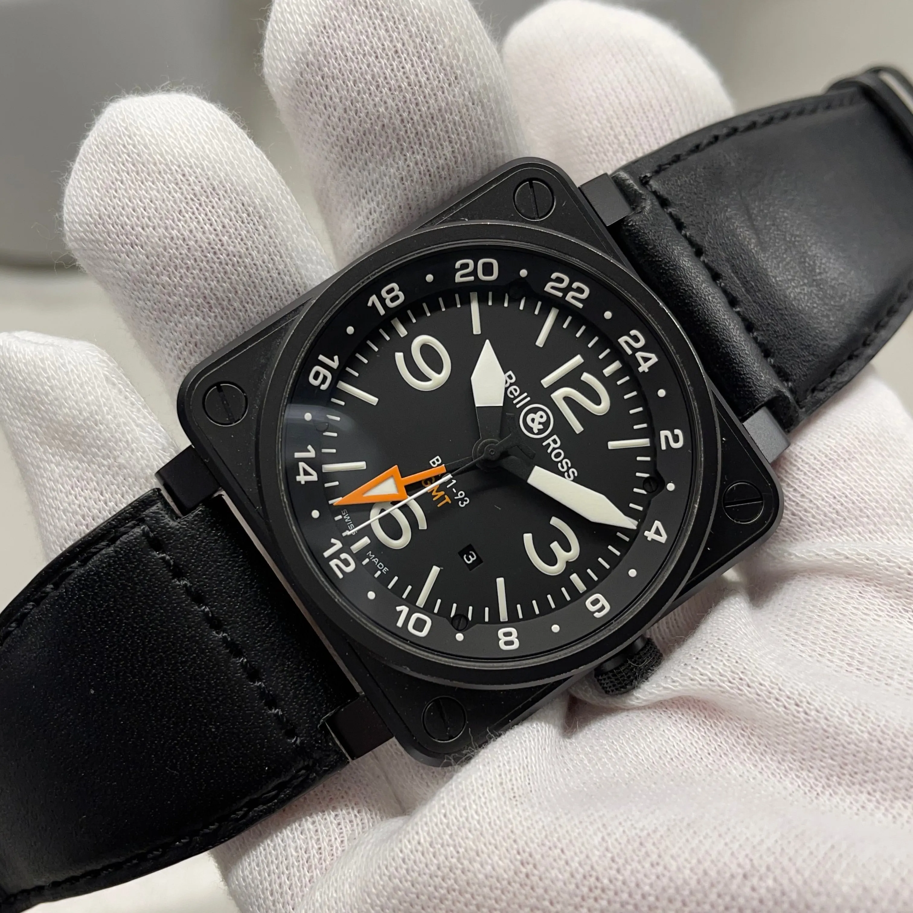 Bell & Ross BR01-93 GMT Black Automatic Date Mens Leather Wristwatch