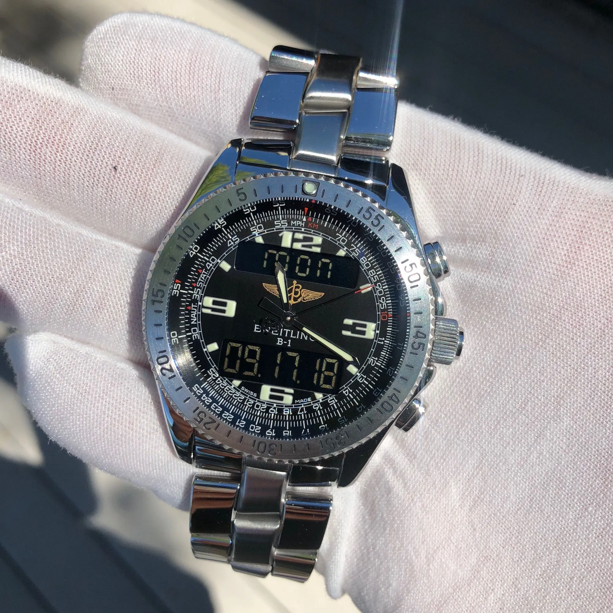 Breitling B-1 A68362 Stainless Steel Digital Analog Black Chronograph Wristwatch Box & Papers