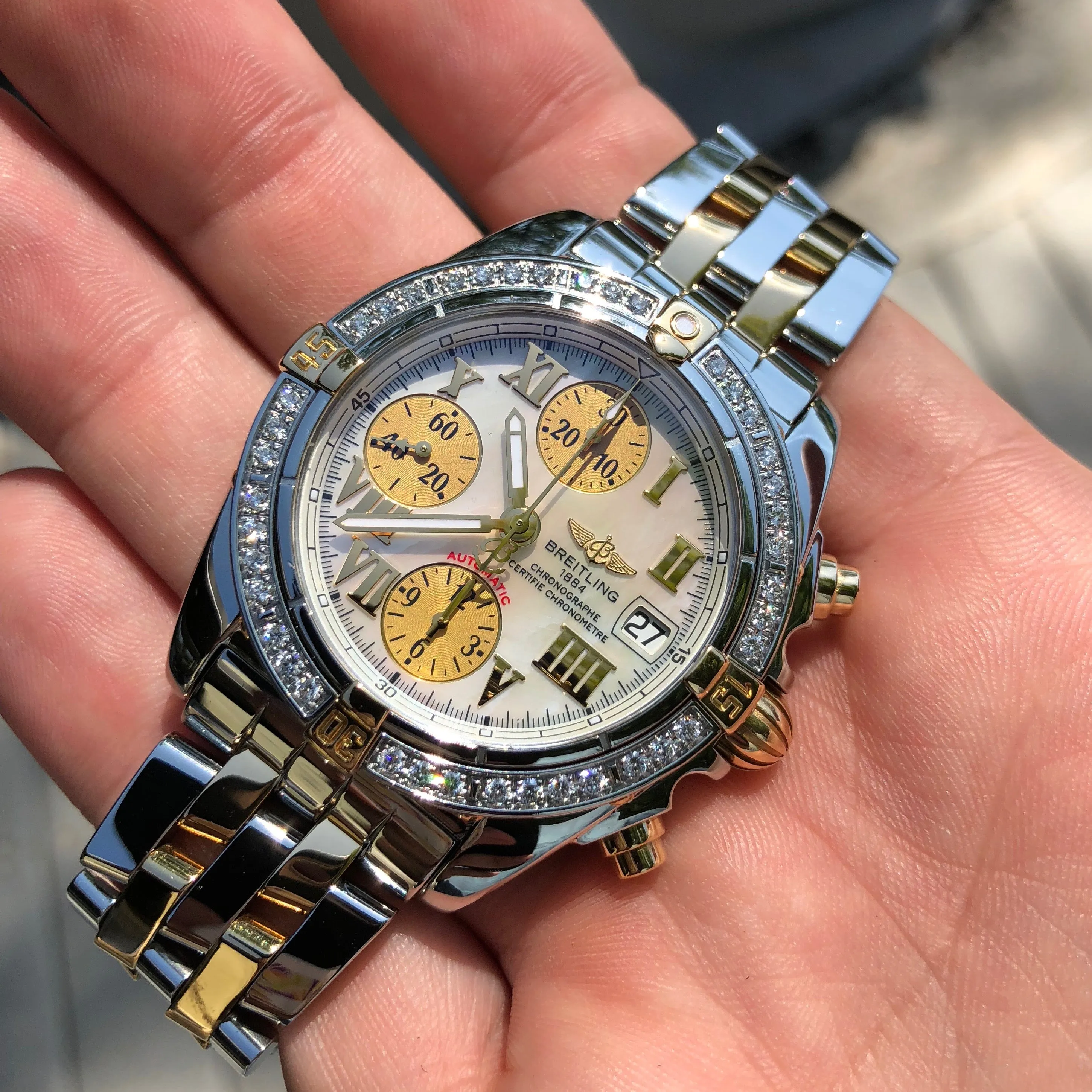 Breitling Cockpit B13358 Two Tone Steel Gold Roman MOP Diamond Box Papers