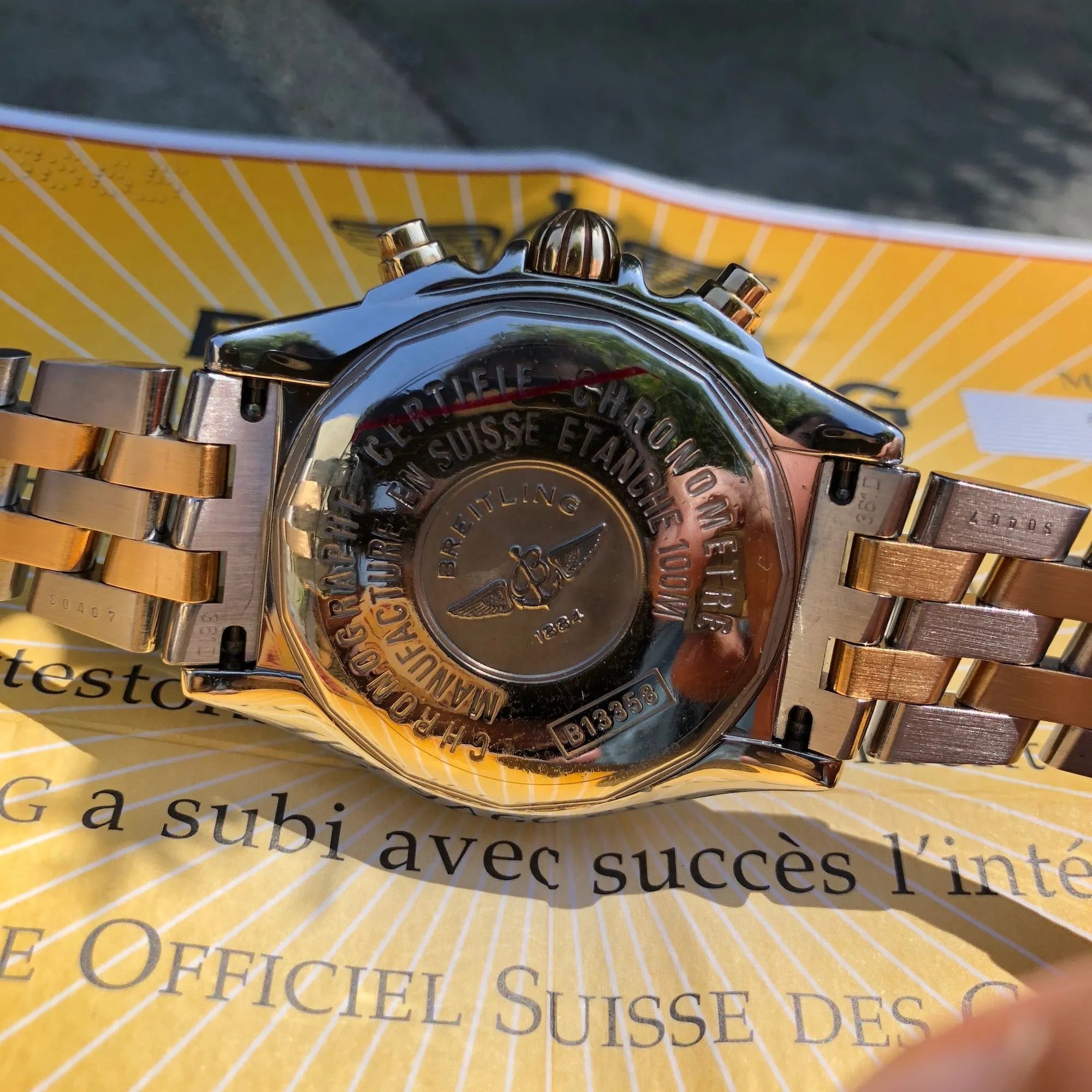Breitling Cockpit B13358 Two Tone Steel Gold Roman MOP Diamond Box Papers
