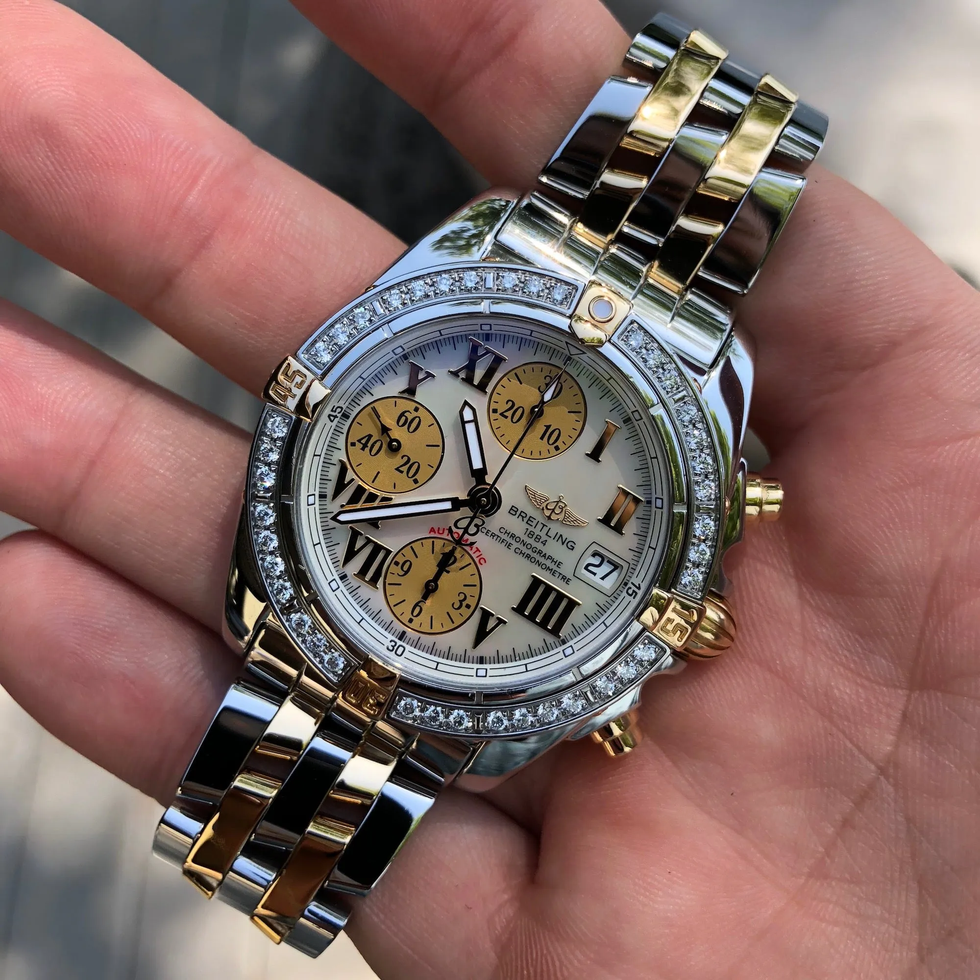 Breitling Cockpit B13358 Two Tone Steel Gold Roman MOP Diamond Box Papers