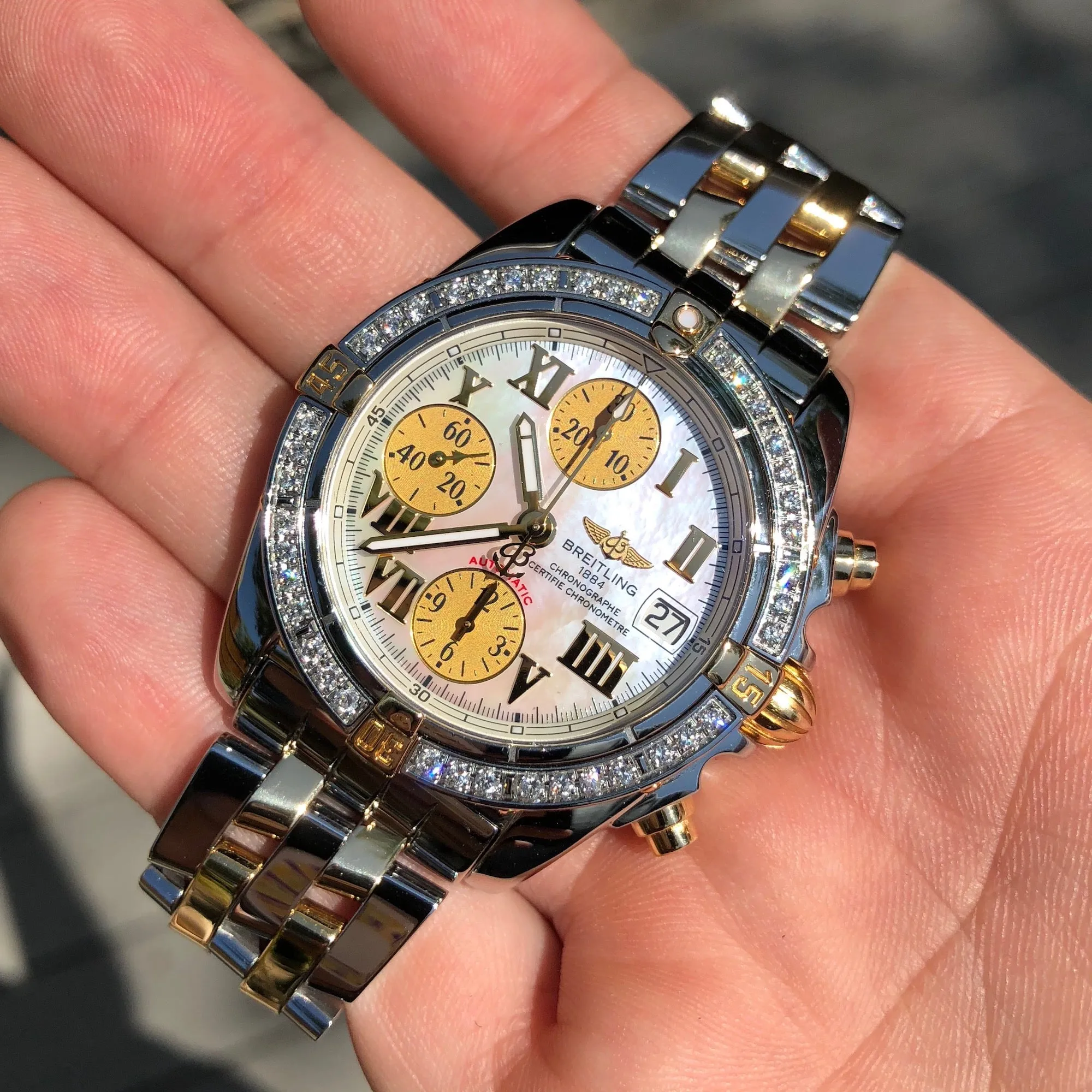 Breitling Cockpit B13358 Two Tone Steel Gold Roman MOP Diamond Box Papers