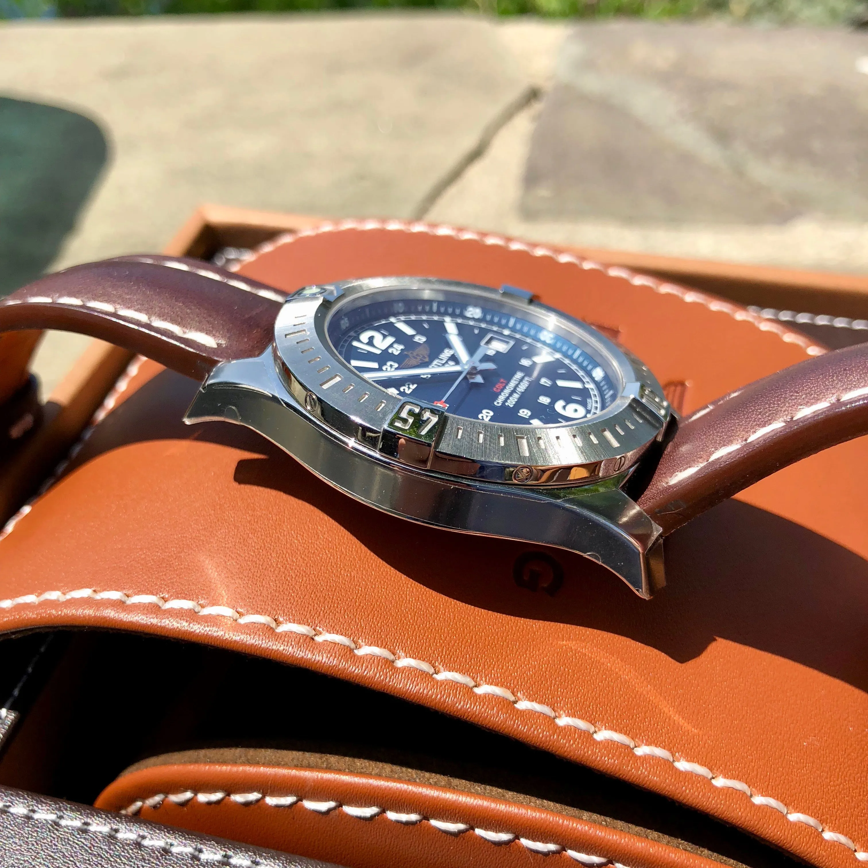 Breitling Colt Quartz Blue A7438811 Brown Leather 44mm Wristwatch Box & Papers