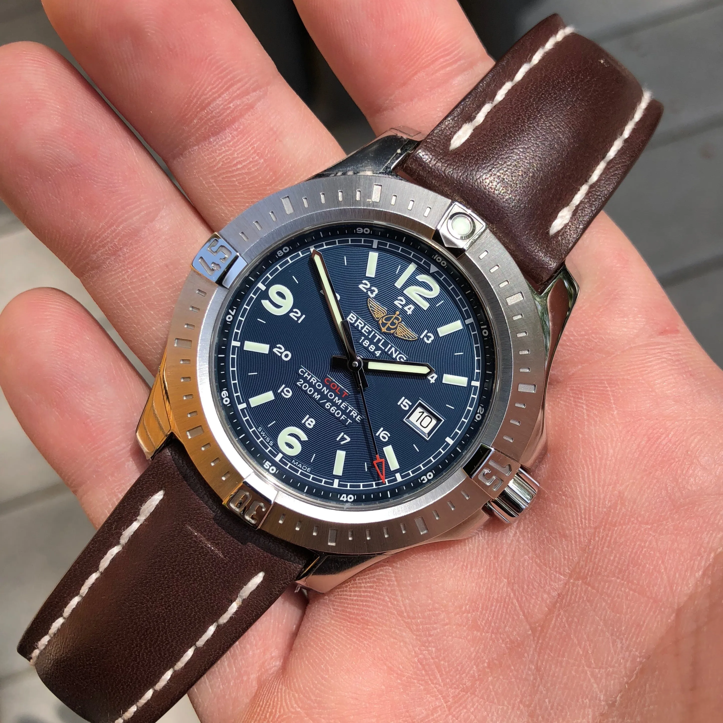 Breitling Colt Quartz Blue A7438811 Brown Leather 44mm Wristwatch Box & Papers
