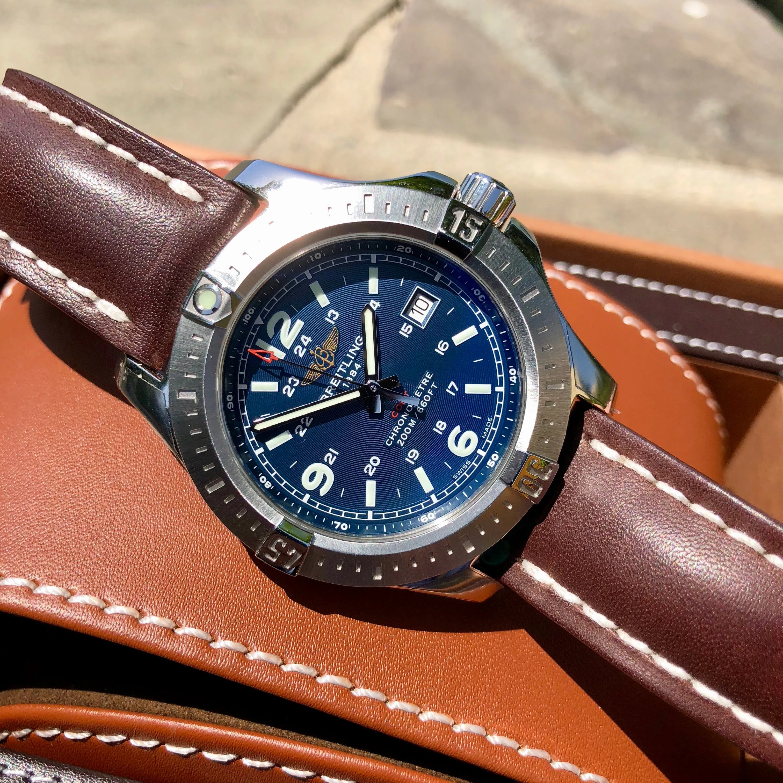 Breitling Colt Quartz Blue A7438811 Brown Leather 44mm Wristwatch Box & Papers