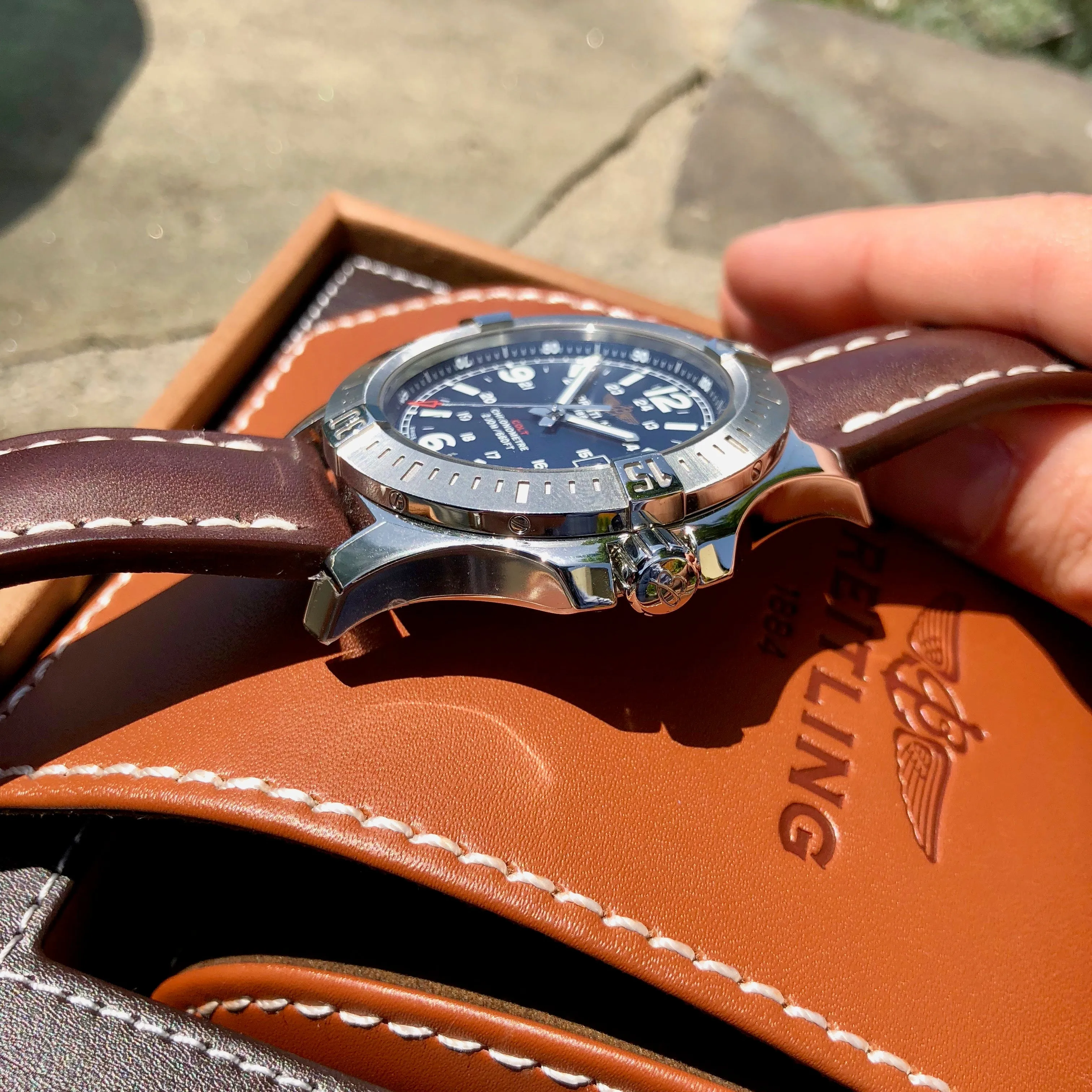 Breitling Colt Quartz Blue A7438811 Brown Leather 44mm Wristwatch Box & Papers