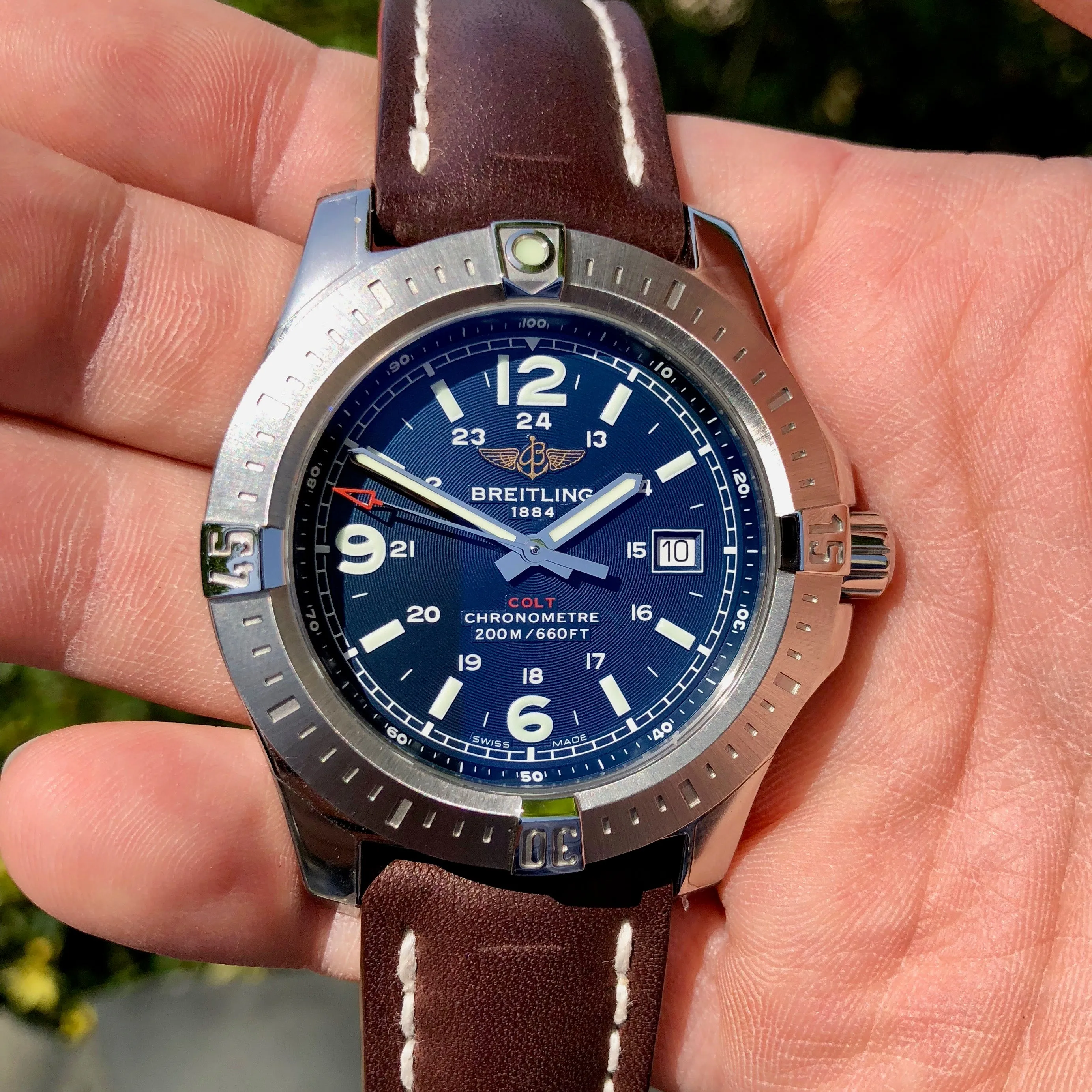 Breitling Colt Quartz Blue A7438811 Brown Leather 44mm Wristwatch Box & Papers