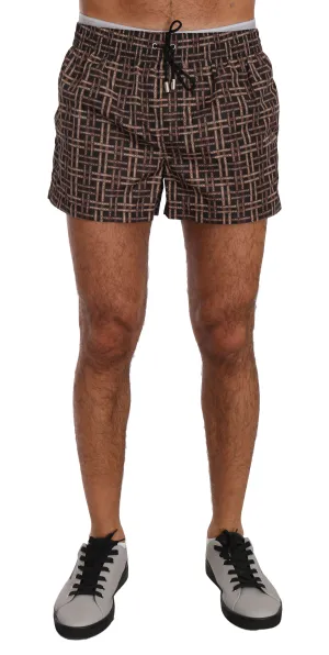 Brown Beachwear Logo Pattern Swimshorts