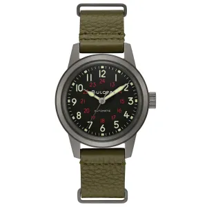 Bulova Men's Military Hack Automatic Green Leather NATO Strap Watch 98A255