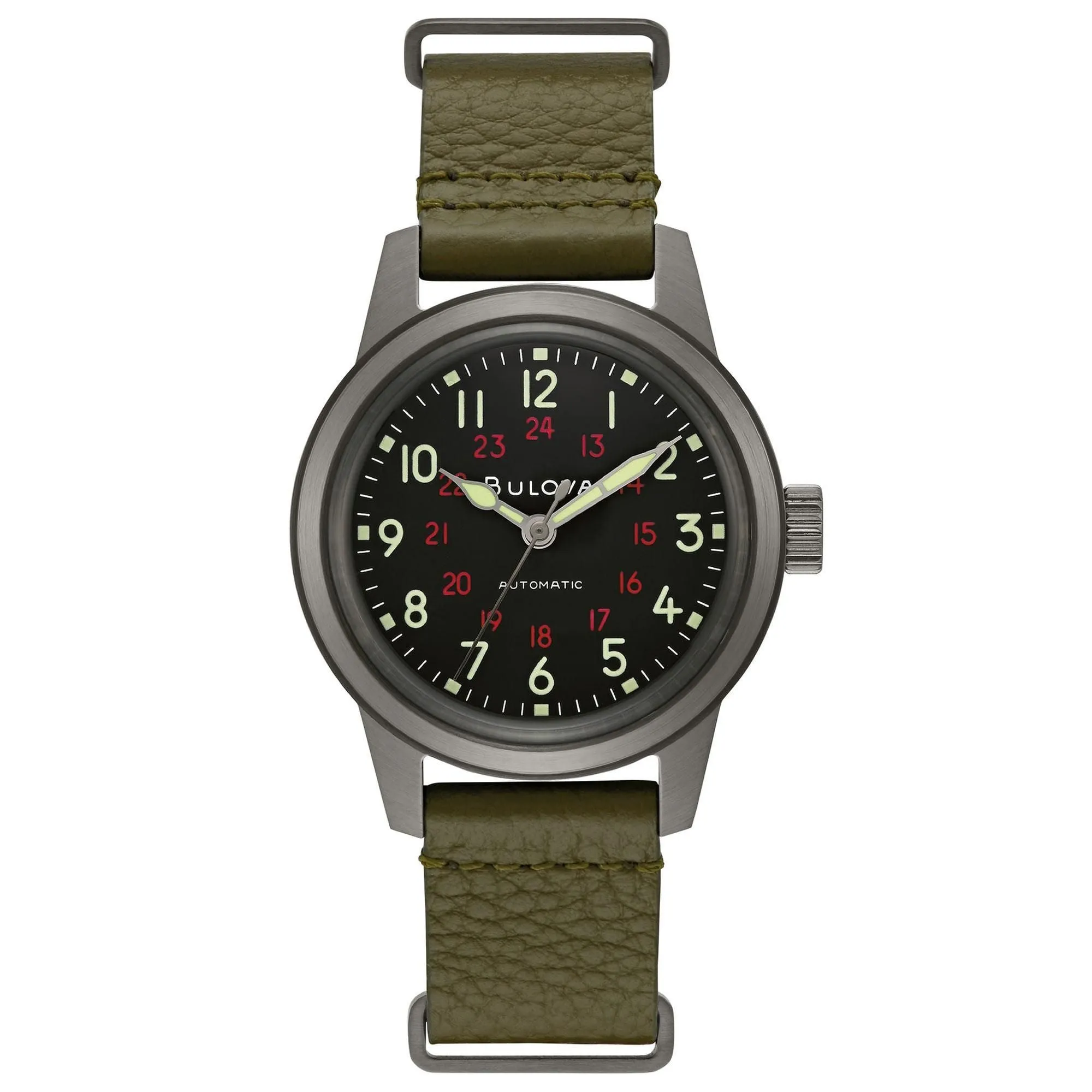 Bulova Men's Military Hack Automatic Green Leather NATO Strap Watch 98A255