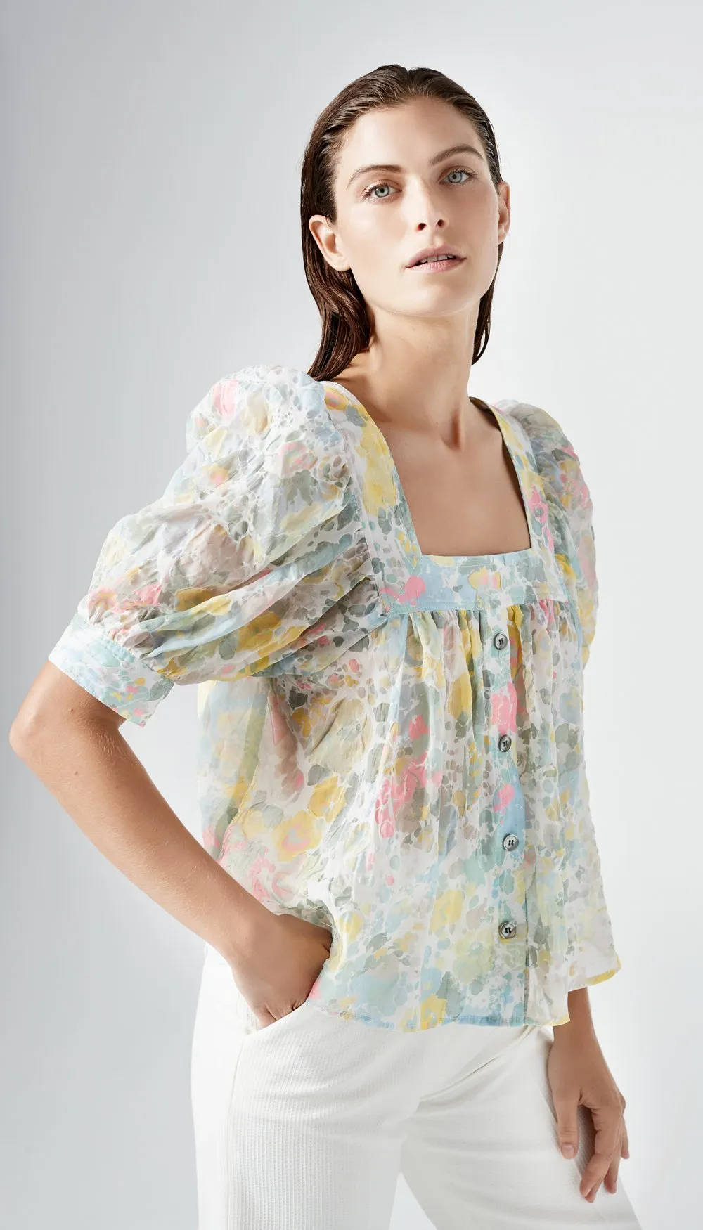 BUTTON FRONT SQUARE NECK BLOUSE